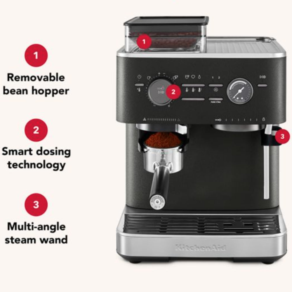 KitchenAid Semi Automatic Espresso Machine with Built-in Burr Grinder - Cast Iron Black | Perfect for Home Baristas & Coffee Lovers | Ideal for Kitchen, Office & Small Spaces