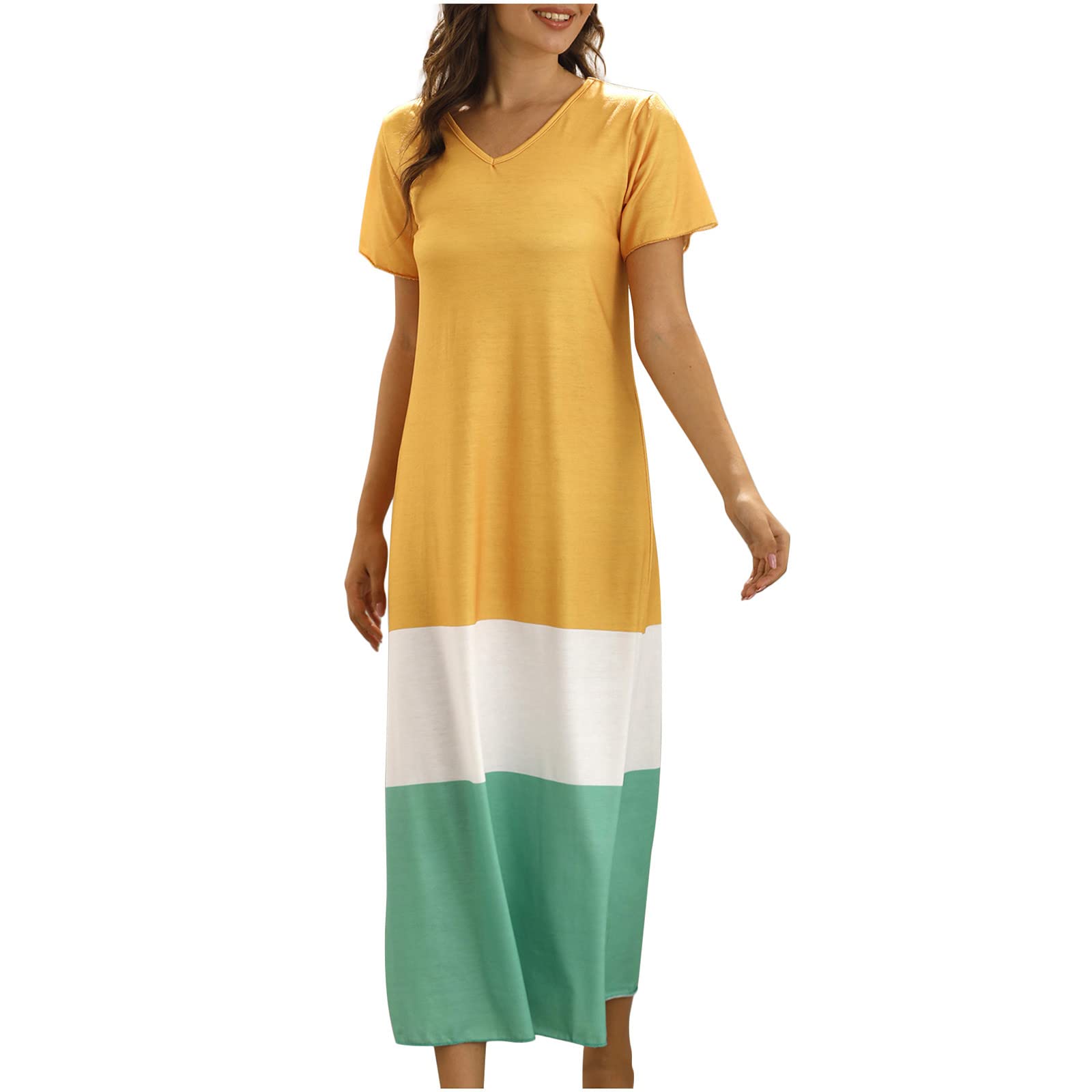 Women's Summer Casual V-Neck Short Sleeve Patchwork Maxi Dress - Loose Fit Flowy Long Sun Dress for Beach, Vacation & Everyday Wear