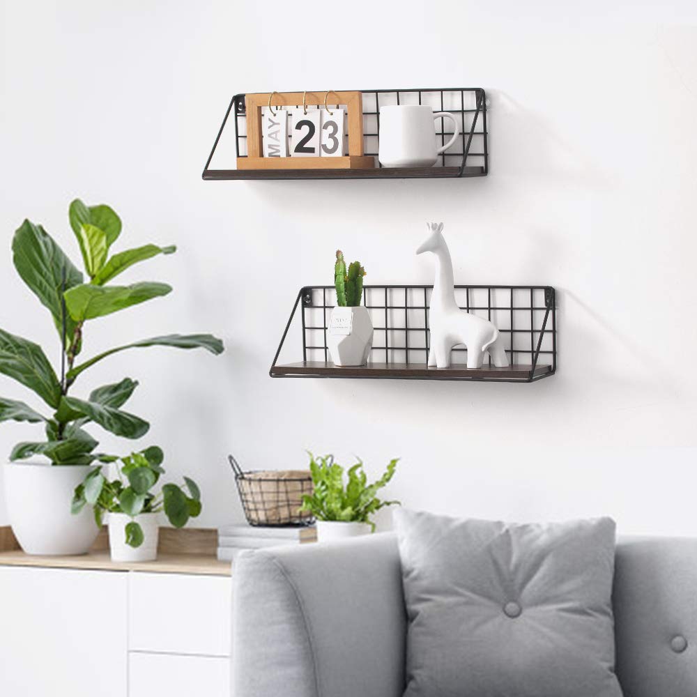 2-Pack Coral Flower Floating Shelves - Rustic Brown Wall-Mounted Wood Shelving Set for Living Room, Bedroom & Office Decor - Space-Saving Home Organization & Display Solution for Books, Plants & Decorative Items