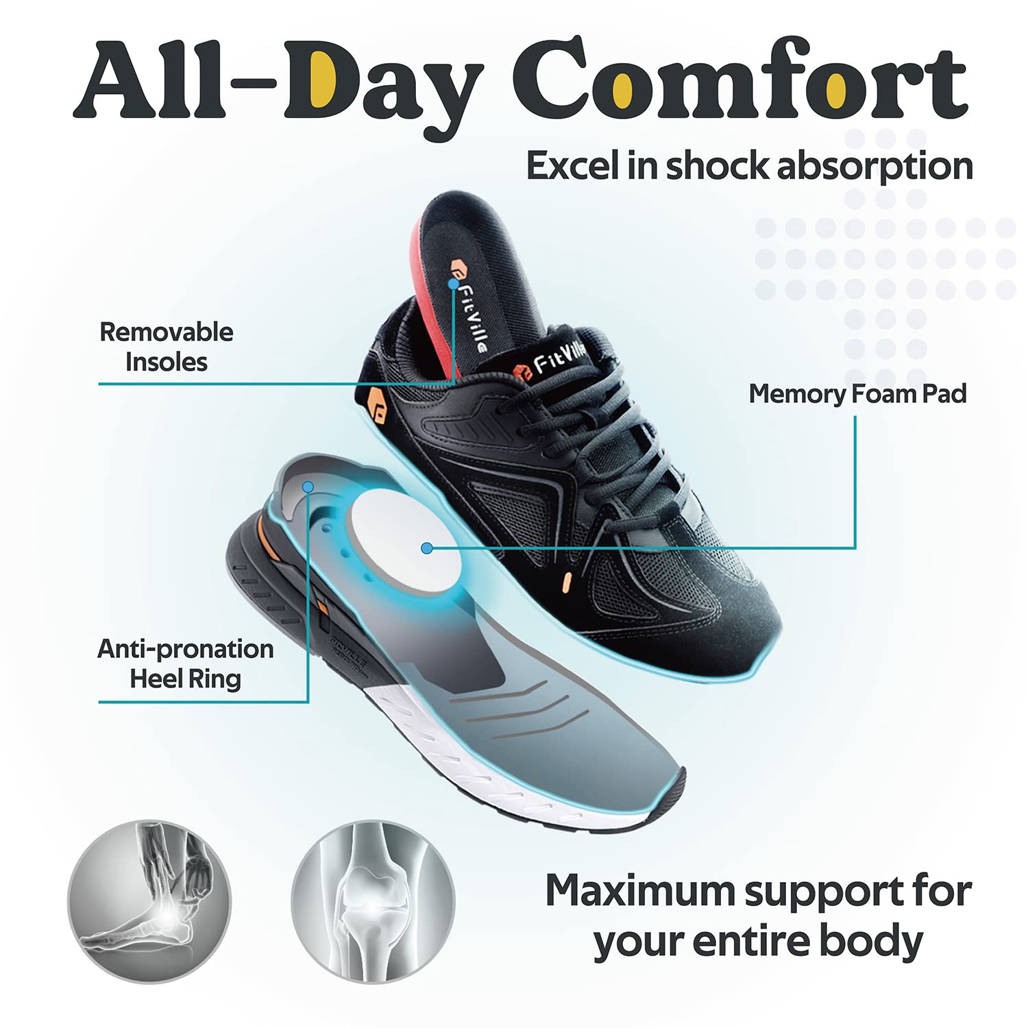 FitVille Men's Extra Wide Walking Sneakers for Flat Feet - Arch Support & Heel Pain Relief - Rebound Core Technology - Comfortable Shoes for Walking, Standing & Work