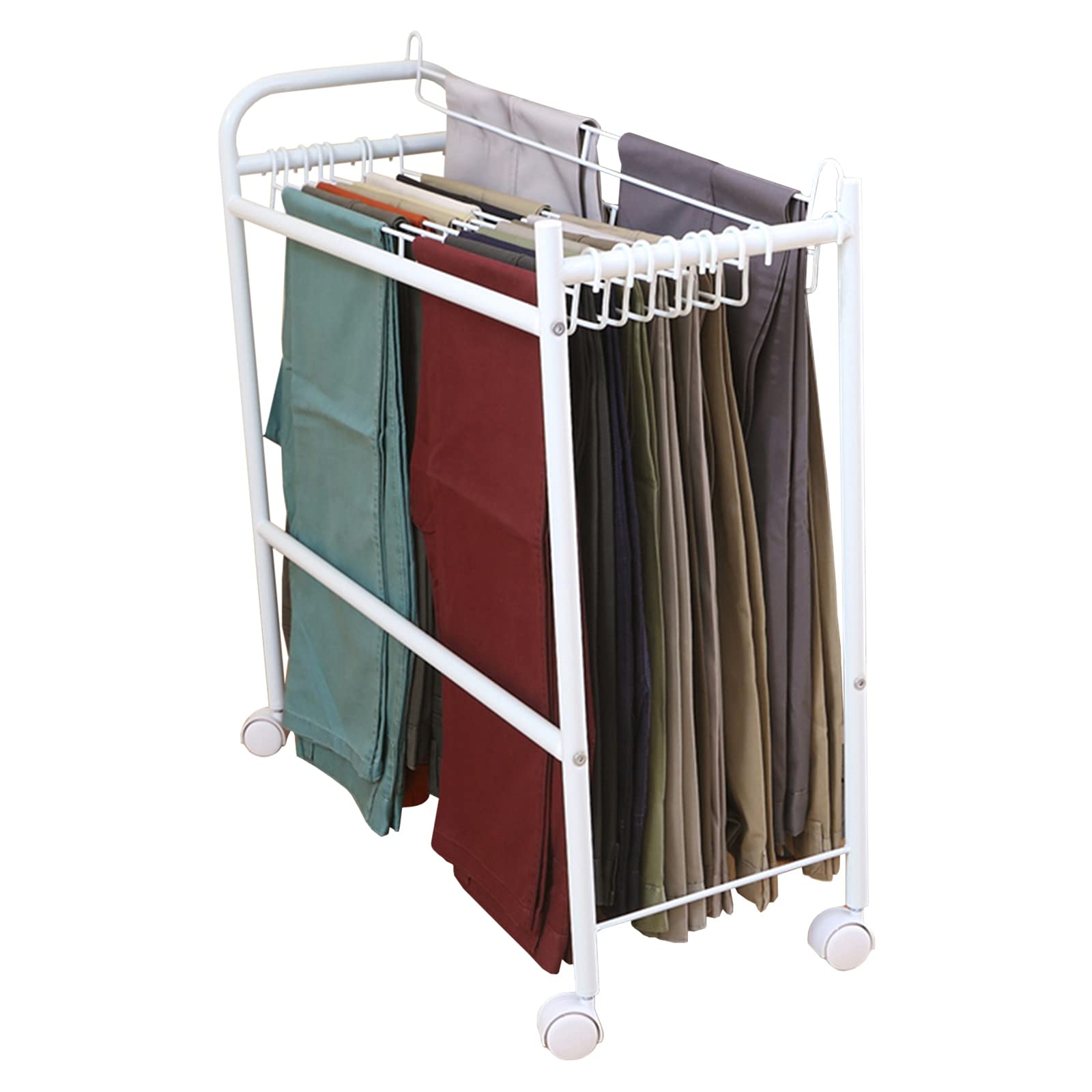 White Metal Closet Clothes Hangers with Removable Pants Hooks - Large Rolling Trouser Trolley Organizer for Apartment, Dorm & Bathroom Storage - Perfect for Space Saving & Wardrobe Organization