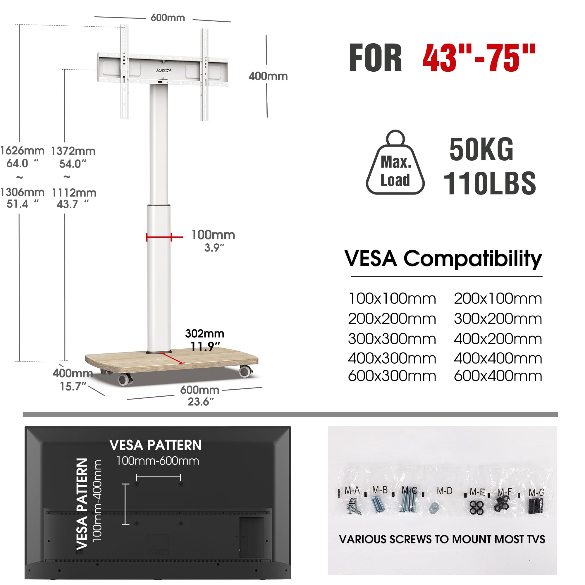Portable Rolling TV Stand with Wheels for 43-75 Inch TVs - 10-Level Height Adjustable, 12° Tilt & 50° Swivel - Heavy Duty Mobile TV Floor Stand with Castors Holds up to 110 lbs (White) - Perfect for Living Rooms, Bedrooms, Outdoor Patios & Commercial Spaces