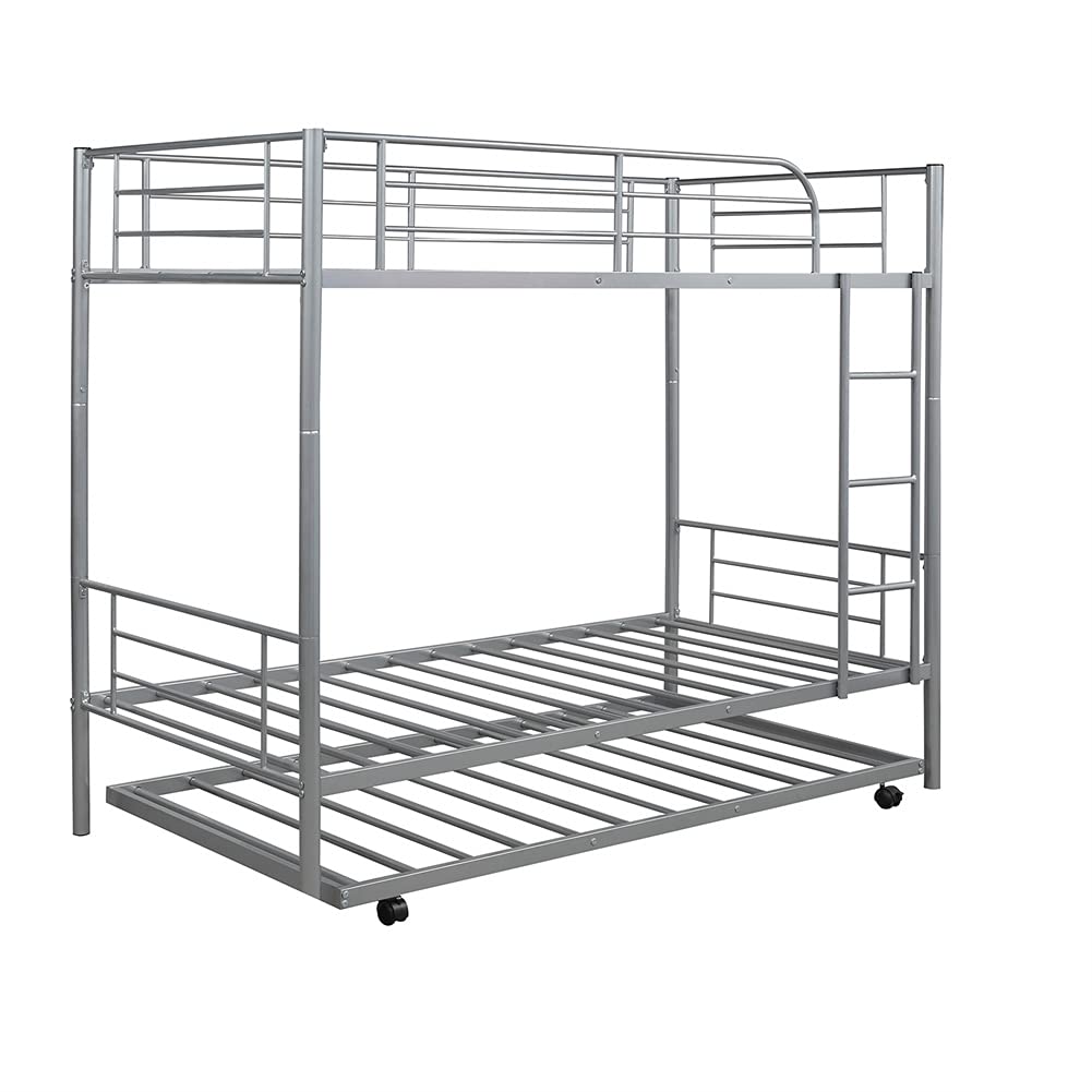 Metal Twin Over Twin Bunk Bed with Trundle - Convertible to 2 Separate Beds, No Box Spring Required (Silver) | Space-Saving Kids Bedroom Furniture for Small Rooms, Guest Rooms & Vacation Homes