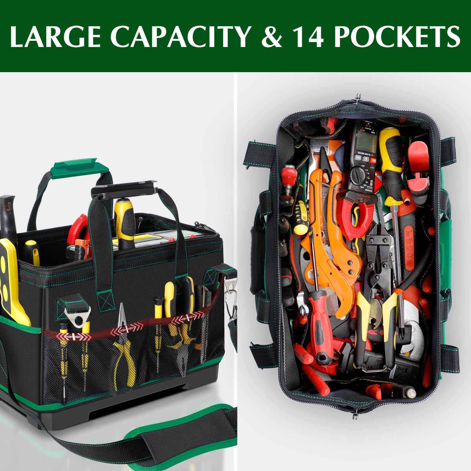 AIRAJ 16-Inch Heavy Duty Tool Bag with Reflective Strips - Wide Mouth Design with 15 Pockets, Adjustable Shoulder Strap - Durable Craftsman Tool Organizer for Electricians, Plumbers & DIY Enthusiasts - Perfect for Job Sites, Home Repairs & Workshop Organization