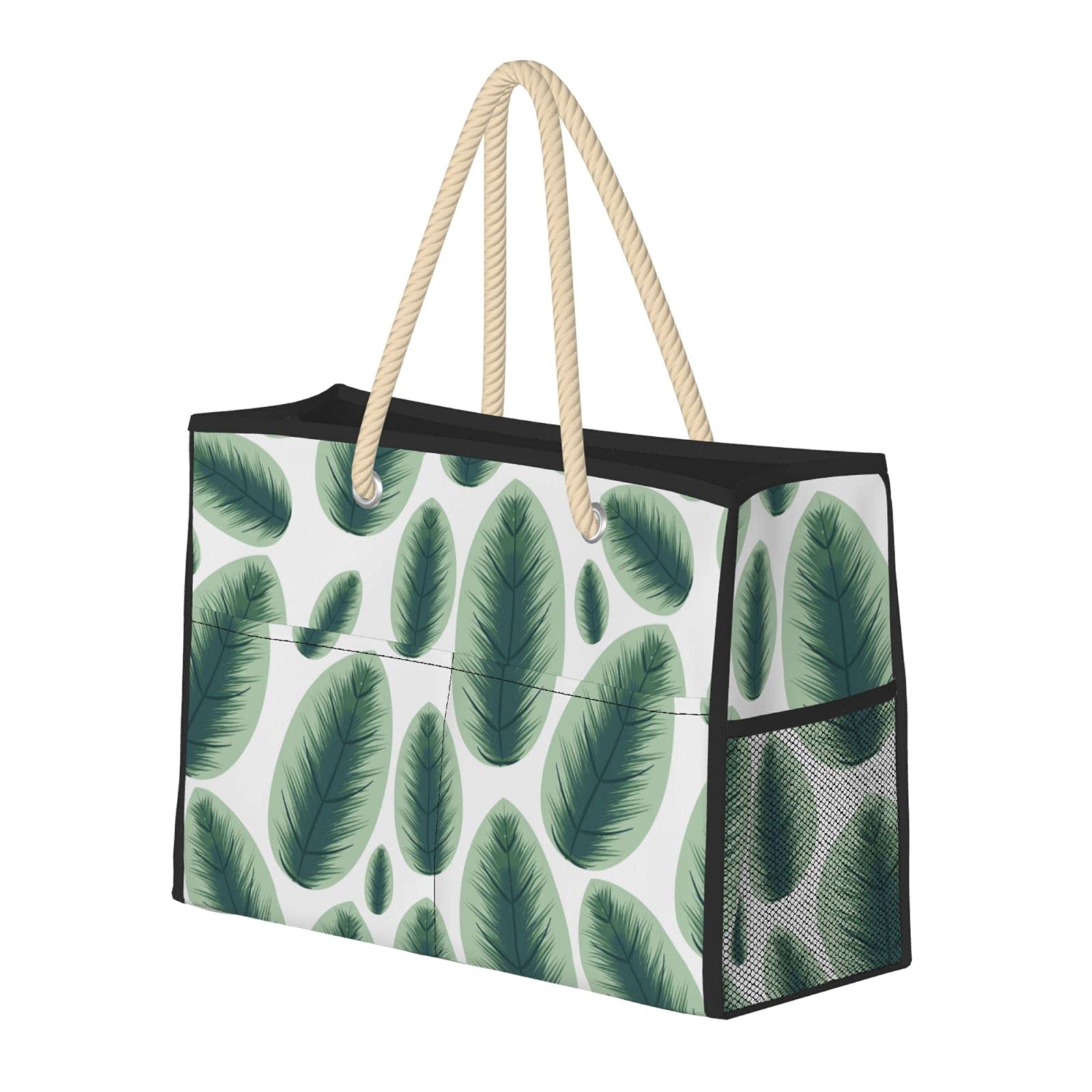 Waterproof Sandproof Tropical Green Leaves Beach Tote Bag with Zipper - Large Capacity Pool Gym Travel Bag with Wet Pocket | Perfect for Beach Vacations, Swimming, Yoga & Outdoor Activities