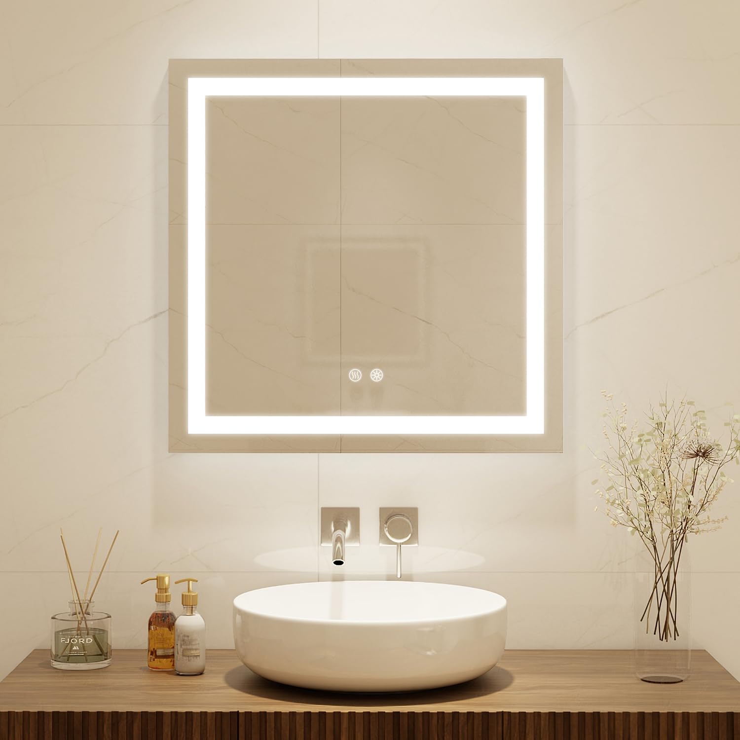 32x32 Inch Square LED Bathroom Vanity Mirror - Dimmable 3-Color Lighting, Wall Mounted Memory Makeup Mirror with Anti-Fog Touch Switch (Front & Backlit) - Perfect for Home Bathroom, Dressing Room and Salon Makeup Station