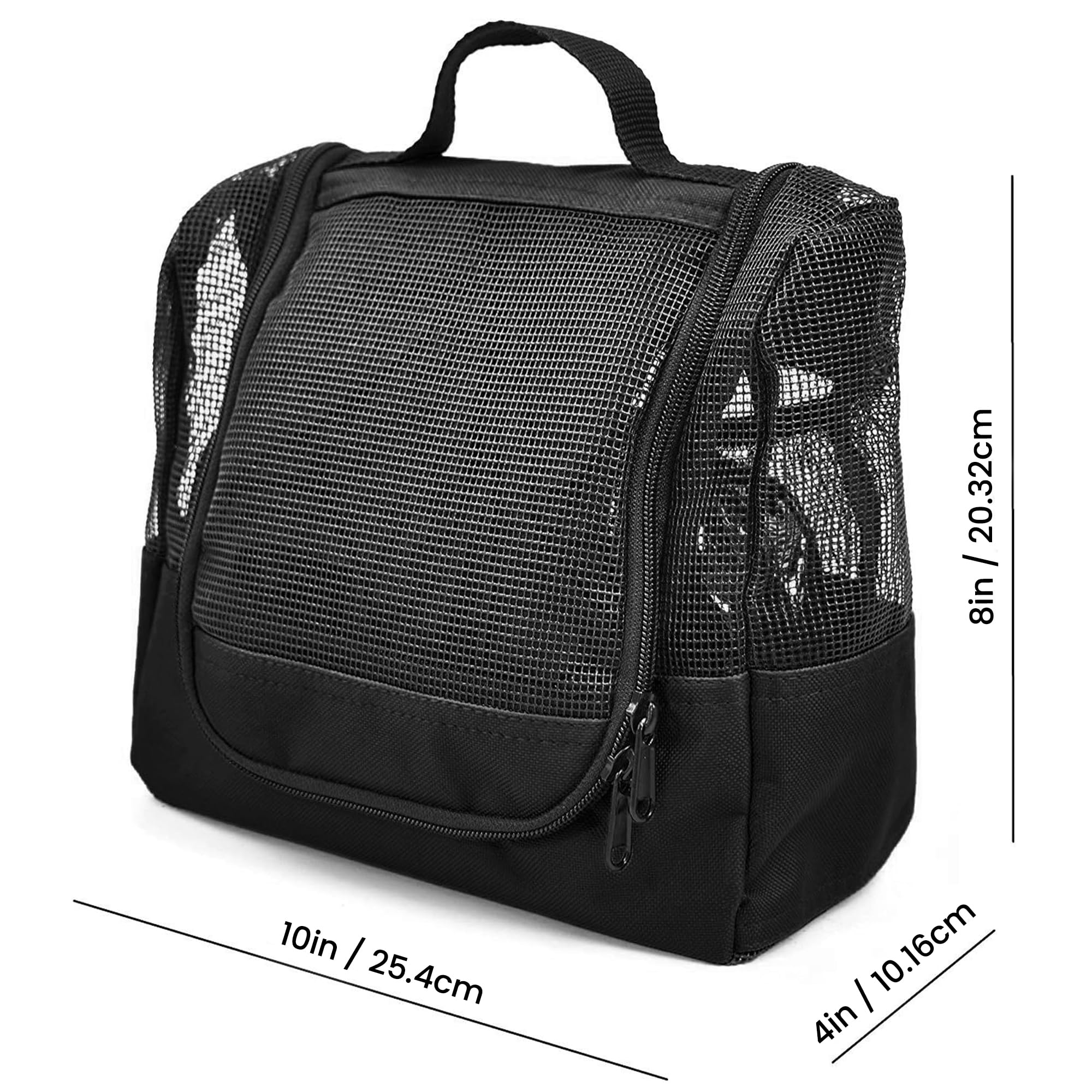 Portable Hanging Shower Caddy Organizer - Quick Dry Mesh Bathroom Storage Bag with Metal Hook & Free Toiletries Case (10”x4”x8”, Black) - Perfect for College Dorm, Camping, Gym & Travel Accessories