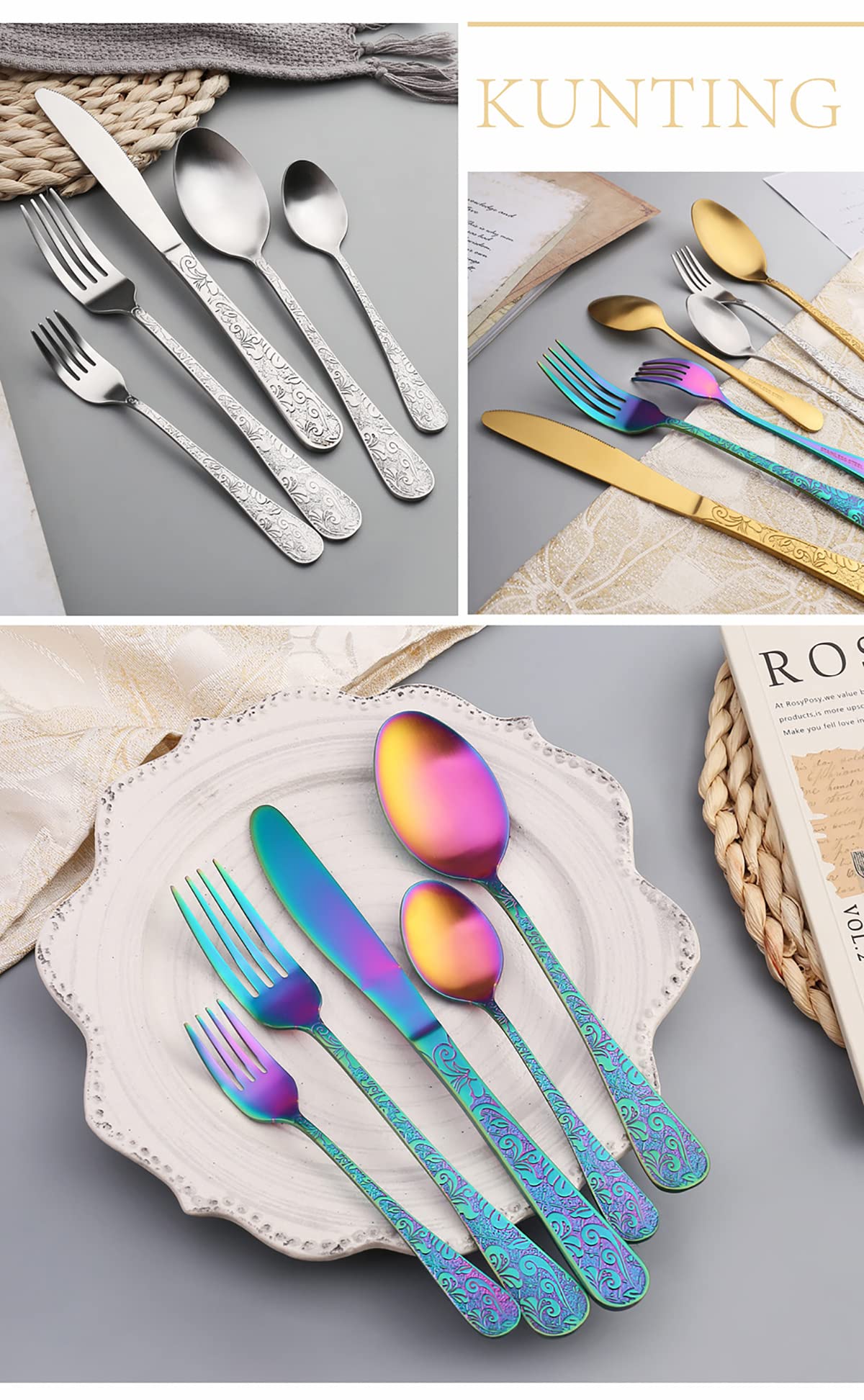 30-Piece Stainless Steel Flatware Set for 6 - Hammered Silverware Cutlery with Colorful Handles - Dishwasher Safe Modern Tableware for Home, Kitchen, Hotel & Restaurant - Perfect for Dinner Parties, Weddings & Everyday Dining
