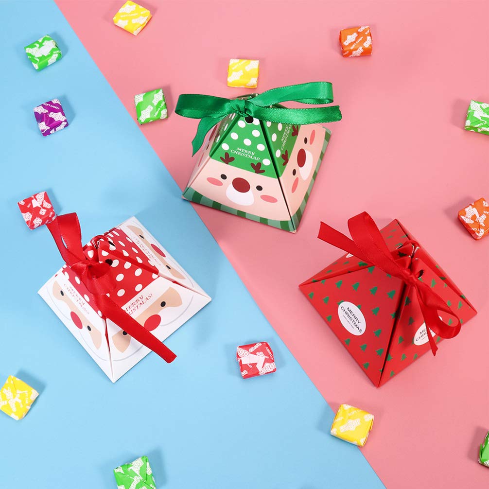 Korean Christmas Candy Box Set - 30pcs 3D Triangle Holiday Treat Boxes with Ribbon, Santa & Reindeer Design for Chocolate Gifts (Red Santa) - Perfect for Christmas Parties, Gift Exchanges & Festive Celebrations