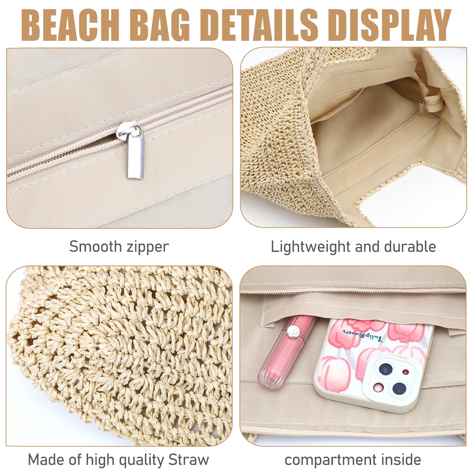hatisan Straw Beach Bag for Women - Summer Woven Tote Shoulder Handbag - Boho Style Beach Accessory for Pool, Vacation & Outdoor Activities