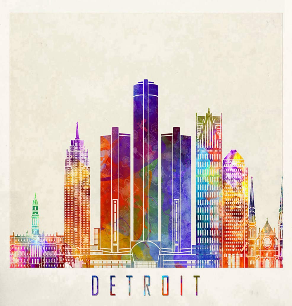 5D DIY Diamond Painting Kit - Detroit Landmarks Watercolor Art, Full Drill Cross Stitch Canvas (16x12 Inch) for Home Wall Decor, Unique Gift Idea for Adults & Craft Lovers | Perfect for Stress Relief, Mindfulness & Creative Hobbies
