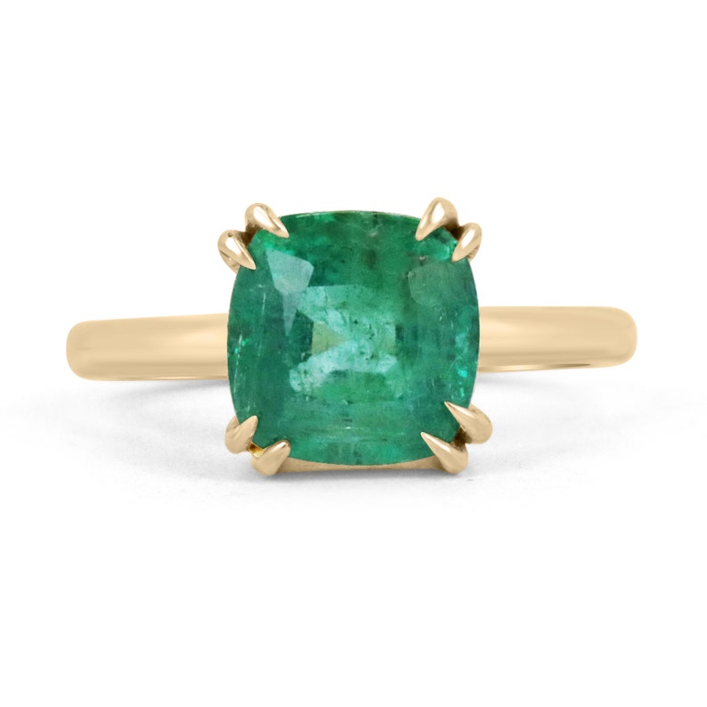 3.65ct 14K Gold Solitaire Engagement Ring with Medium Dark Green Cushion Cut Emerald - 4 Double Claw Prong Setting for Wedding, Proposal & Anniversary Gifts