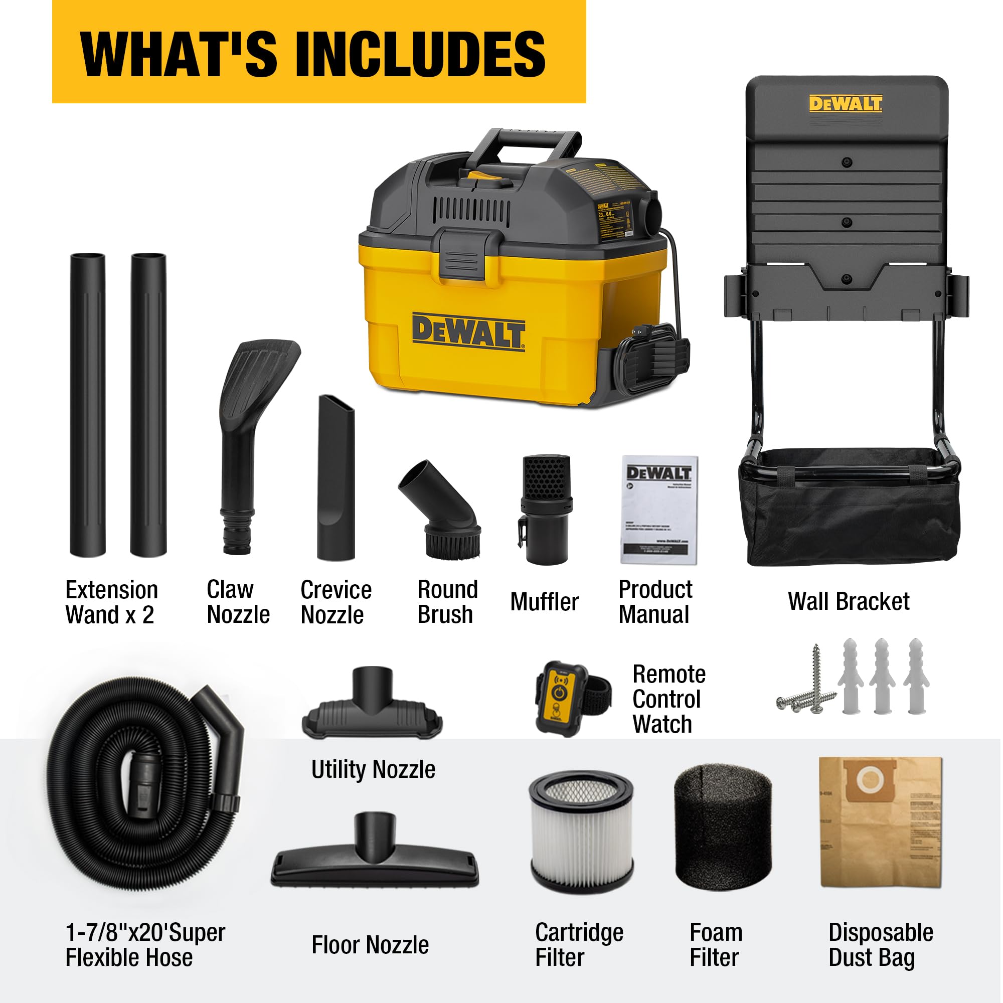 DEWALT 6 Gallon 5 HP Wall-Mounted Wet/Dry Vacuum Cleaner - Powerful Garage & Workshop Vacuum for Dust, Debris & Liquid Cleanup - Ideal for Home, Construction & Auto Detailing