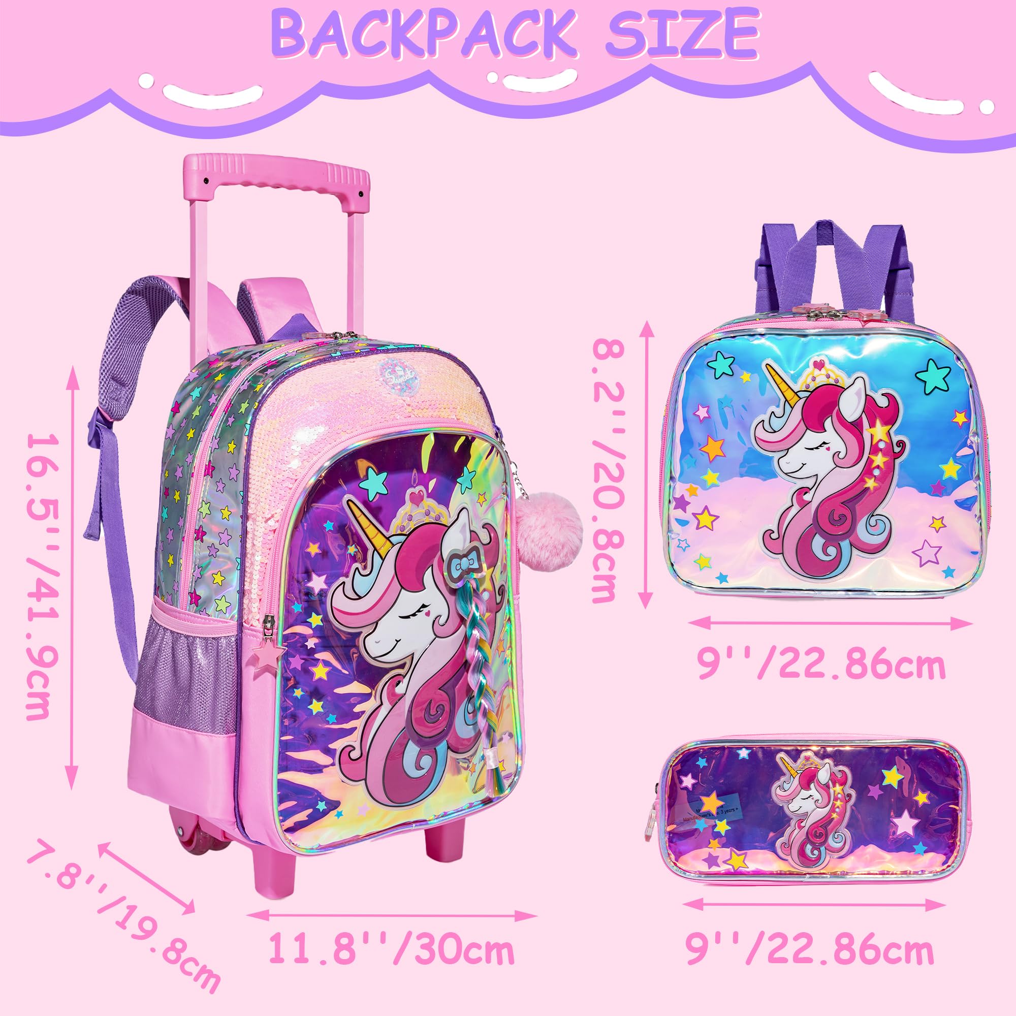 **Unicorn Rolling Backpack for Girls - Cute Wheeled School Backpack with Lunch Box & Pencil Case Set - Perfect for Elementary & Primary School Students - Great for Daily Use, Travel & Outdoor Activities**