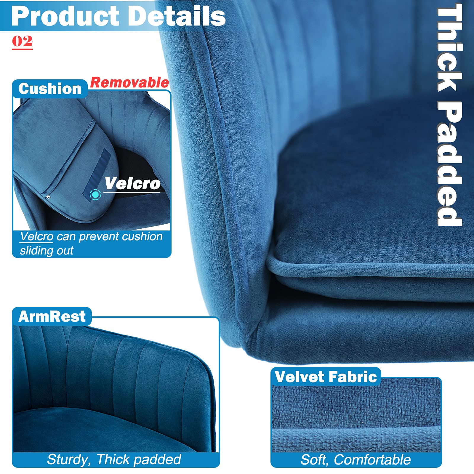 Jacky Home Velvet Office Desk Chair - Mid-Back Ergonomic Computer Chair with Adjustable Height, 360° Swivel & Wheels - Modern Upholstered Task Chair with Arms for Home Office, Study, Living Room & Bedroom (Blue) - Perfect for Remote Work, Gaming & Relaxation