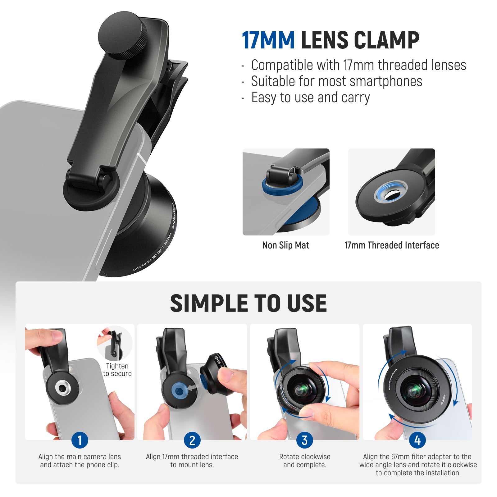 NEEWER LS 42 PRO 18mm 100° Wide Angle Lens with Clip & 67mm Filter Adapter - Perfect for Smartphone Photography, Vlogging, and Travel Shots