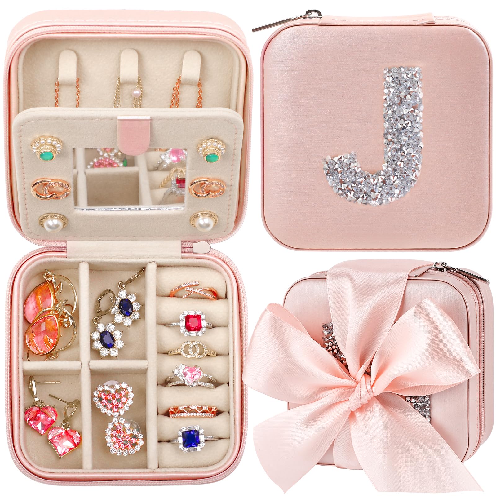 Personalized Travel Jewelry Box for Women & Girls - Pink Initial Monogram Jewelry Organizer, Perfect Bridesmaid Gift, Birthday Present & Travel Essential Accessories - Ideal for Vacations, Honeymoons & Daily Use