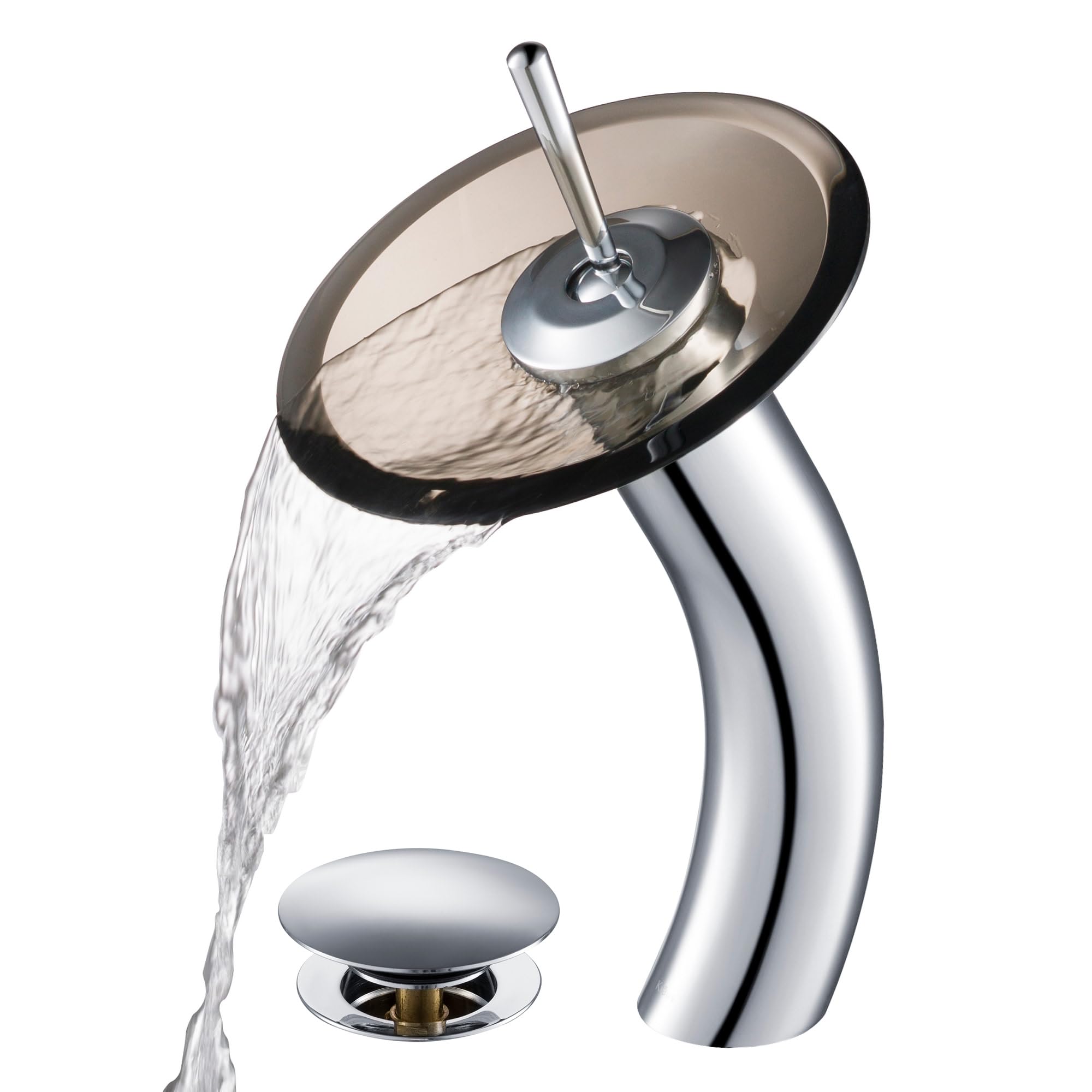 Chrome Single Lever Vessel Glass Waterfall Bathroom Faucet with Brown Clear Glass Disk & Matching Pop Up Drain - Modern Vanity Sink for Bathroom & Powder Room Decor