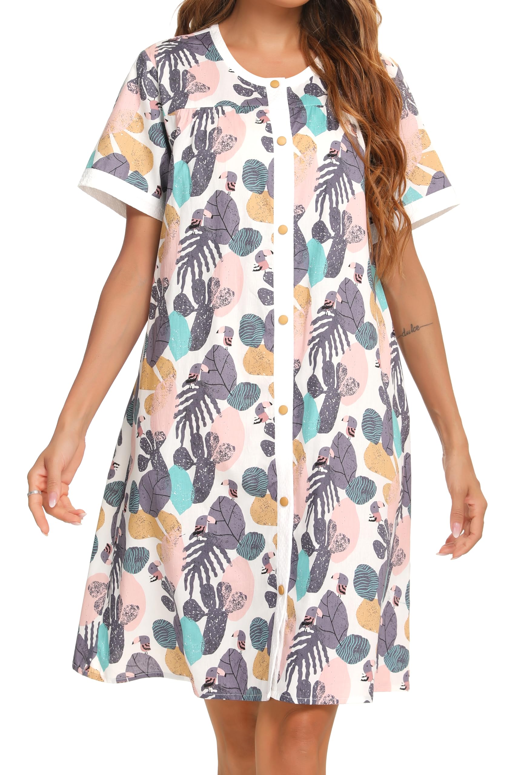 YOZLY Women's Short Sleeve House Dress - Comfortable Cotton Duster Robe with Pockets | Perfect for Lounging, Morning Coffee & Relaxing at Home