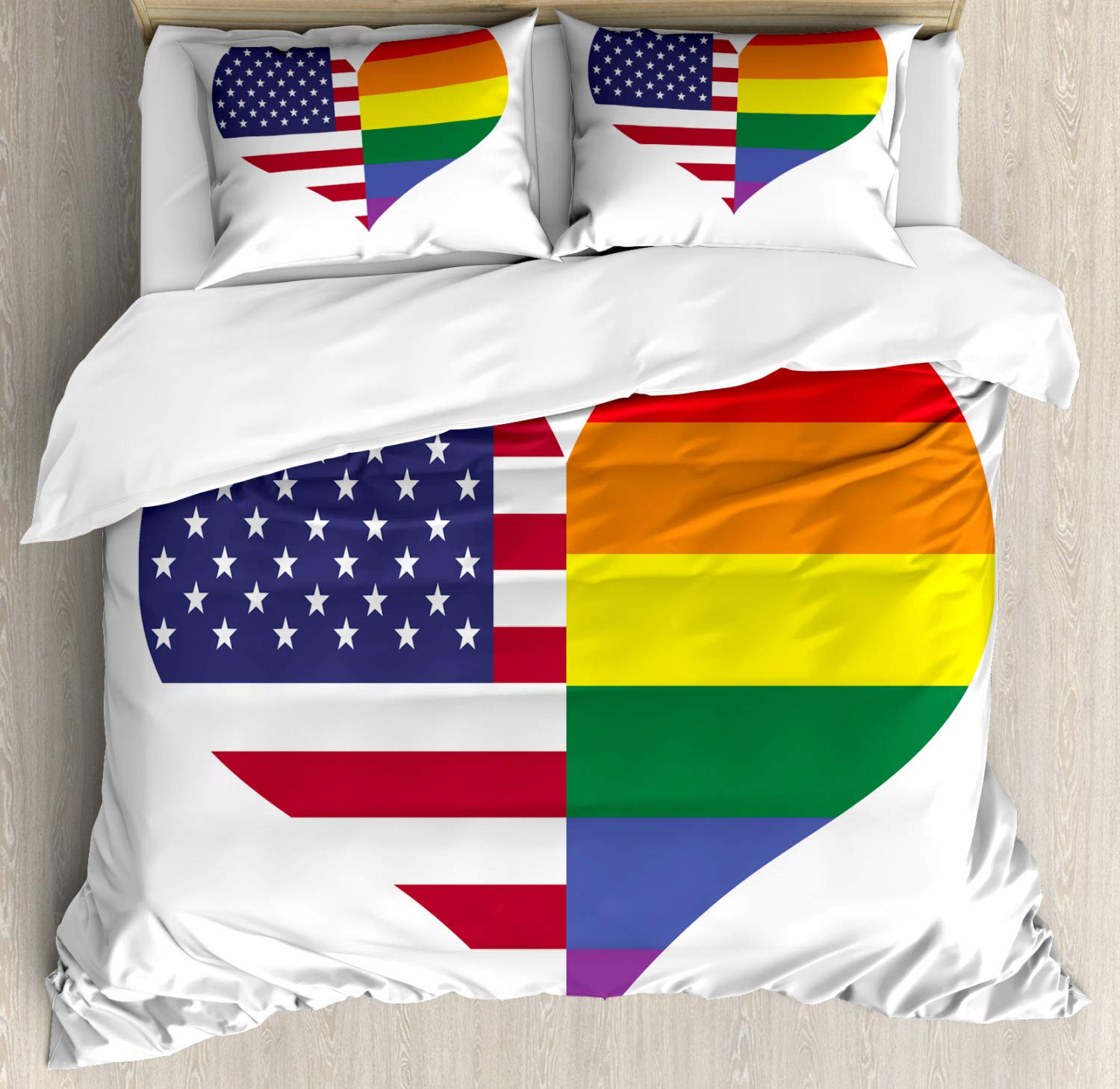 Ambesonne Pride Duvet Cover Set - King Size 3-Piece Bedding with Rainbow & American Flag Heart Design | Gender Equality Theme | Includes 2 Pillow Shams | Perfect for LGBTQ+ Supporters, Pride Month Decor & Modern Bedroom Styling