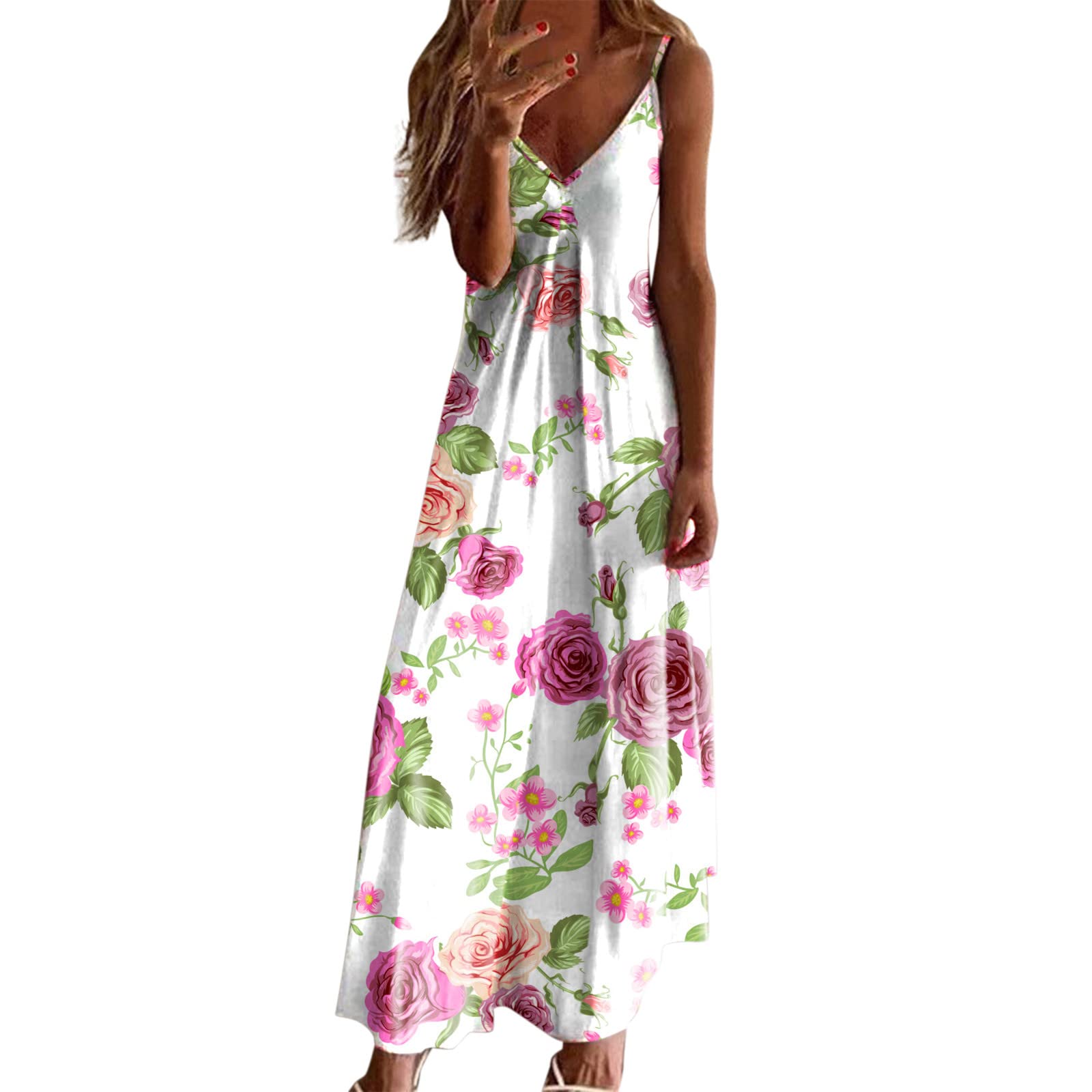 MAYW Women's Summer Dress - Sleeveless Floral Print V-Neck Sundress for Casual & Party Wear | Elegant Midi Dress for Women Over 50 | Perfect for Beach, Vacation, and Special Occasions