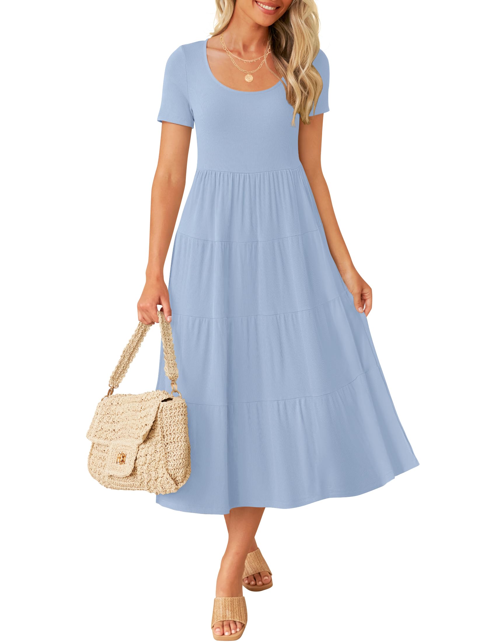 ZESICA Women's Summer Casual T-Shirt Dress - Short Sleeve Scoop Neck Flowy Tiered Midi Dress with Pockets | Beach Cover Up, Vacation Outfit, Lounge Wear, Street Style Fashion