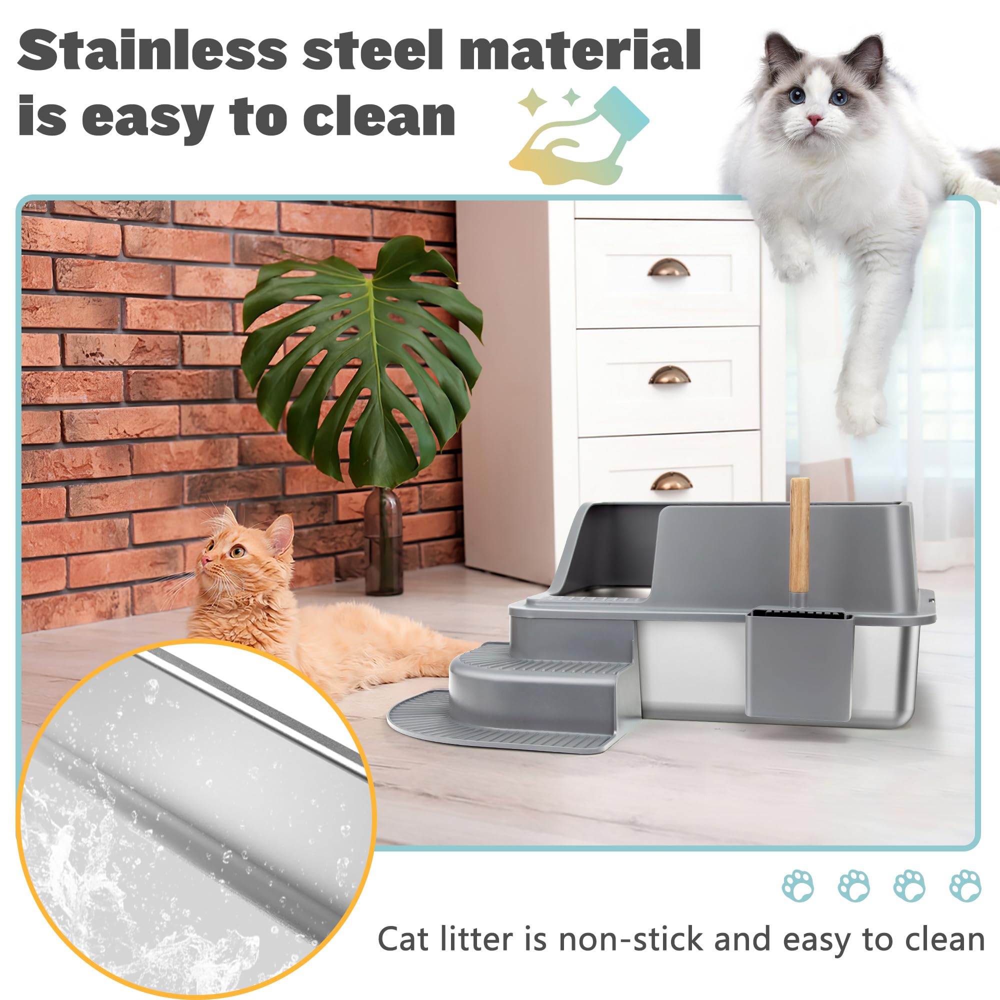 Stainless Steel Cat Litter Box with Steps - XL Size for Large Cats