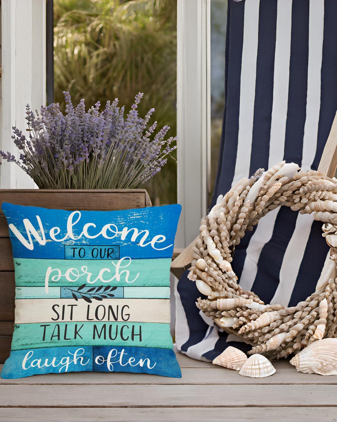 Waterproof Outdoor Pillow Covers 18x18 Inch - Turquoise Blue & Beige Woodgrain Design for Patio Furniture, Coastal Farmhouse Decor (Set of 2) | Perfect for Porch, Garden, Poolside & Outdoor Living Spaces