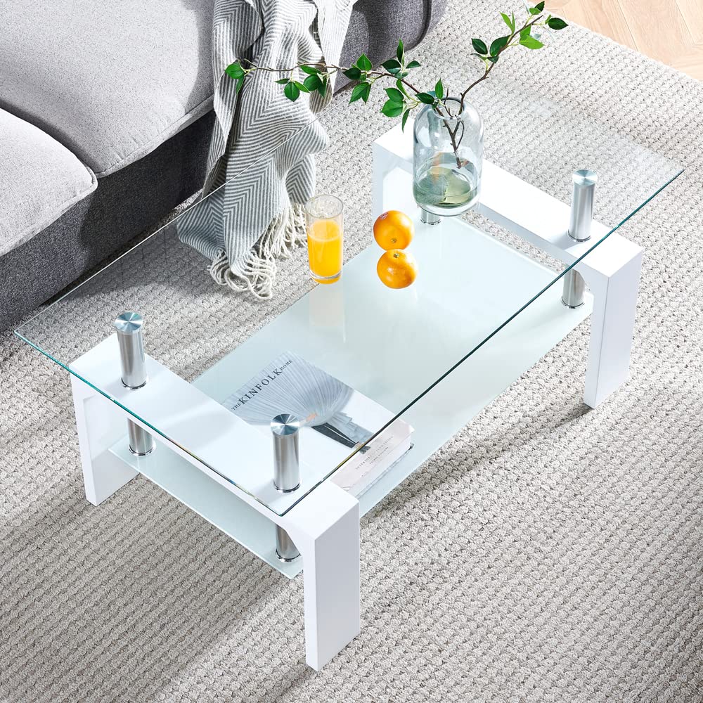 Modern White Rectangle Coffee Table with Glass Top & Wooden Legs - 39.5