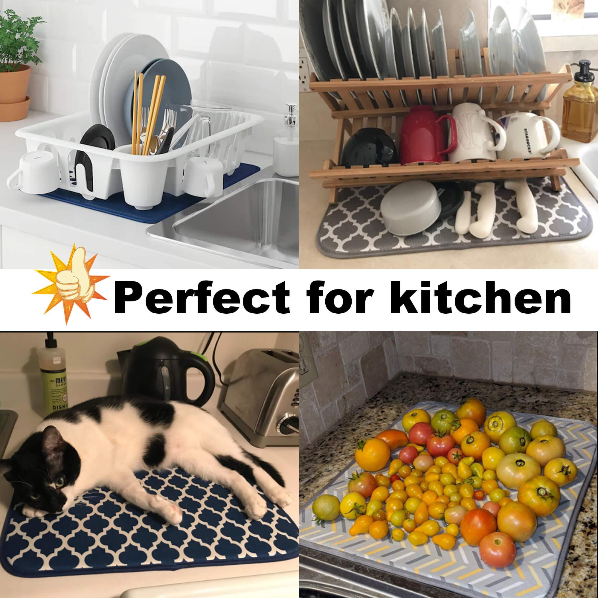 Absorbent Microfiber Dish Mat - Reversible Kitchen Drying Mat for Countertop (16x18