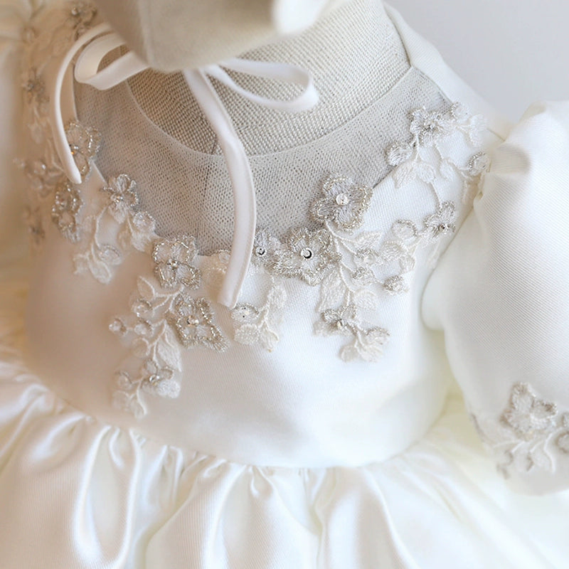White Princess Round Tea Length Satin Flower Girl Dress - Perfect for Weddings, Birthday Parties & Special Occasions
