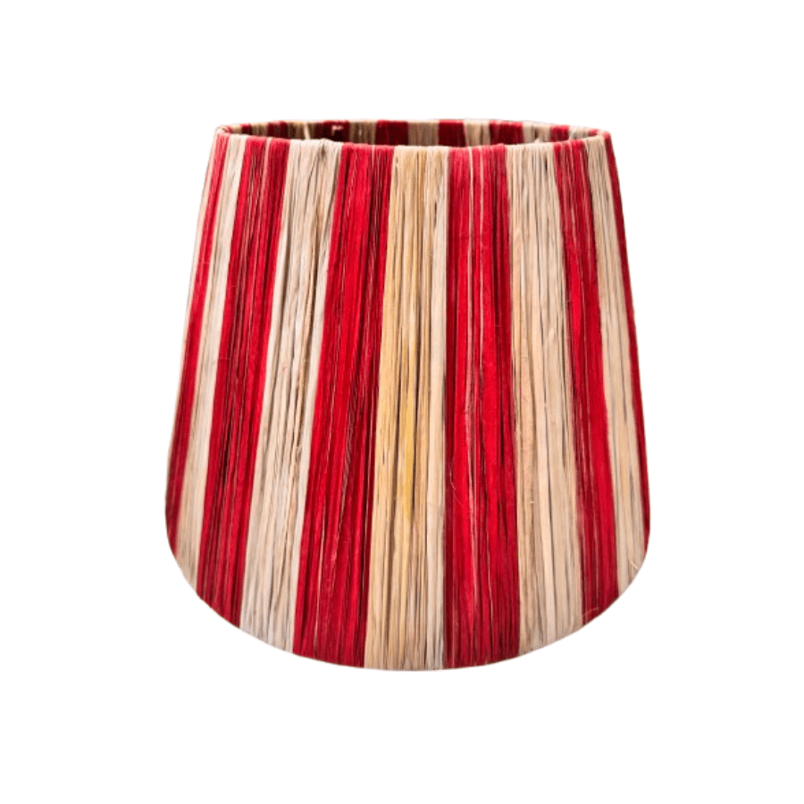 Red Striped Pandan Cone Lampshade - Handwoven Natural Fiber Lamp Cover for Bedroom, Living Room & Boho Decor