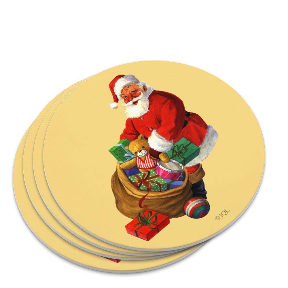Santa and His Bag of Toys Christmas Coaster Set - Holiday Drink Coasters for Festive Home Decor, Party Supplies & Gift Ideas