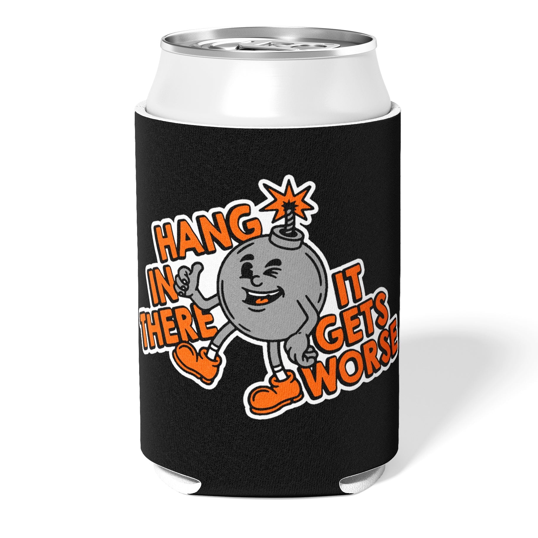 Funny Insulated Can Cooler - 'Hang In There It Gets Worse' Motivational Beer Soda Can Holder for Camping, Parties & Gifts