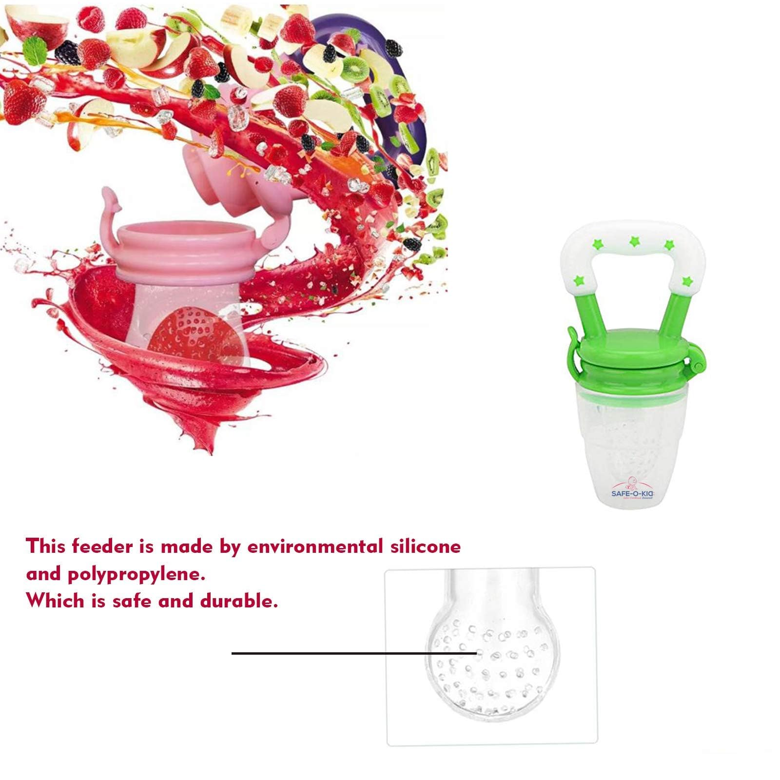 Safe-O-Kid® BPA-Free Baby Food Feeder – Non-Toxic Silicone Feeder for Fresh Fruits, Vegetables & Snacks – Ideal for Babies & Toddlers (Green, Pack of 2) – Perfect for Teething Relief & Healthy Snacking On-The-Go
