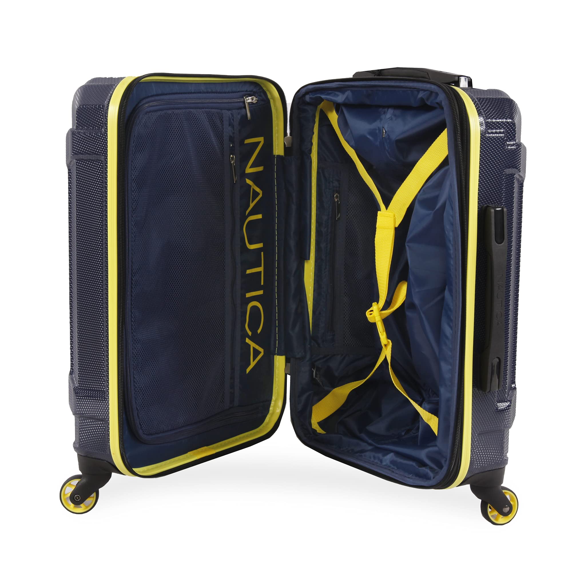 Nautica Maker Hardside Spinner Luggage 21-Inch Carry On - Lightweight Durable Suitcase with 360° Wheels, Navy/Yellow Design - Perfect for Business Travel & Weekend Getaways