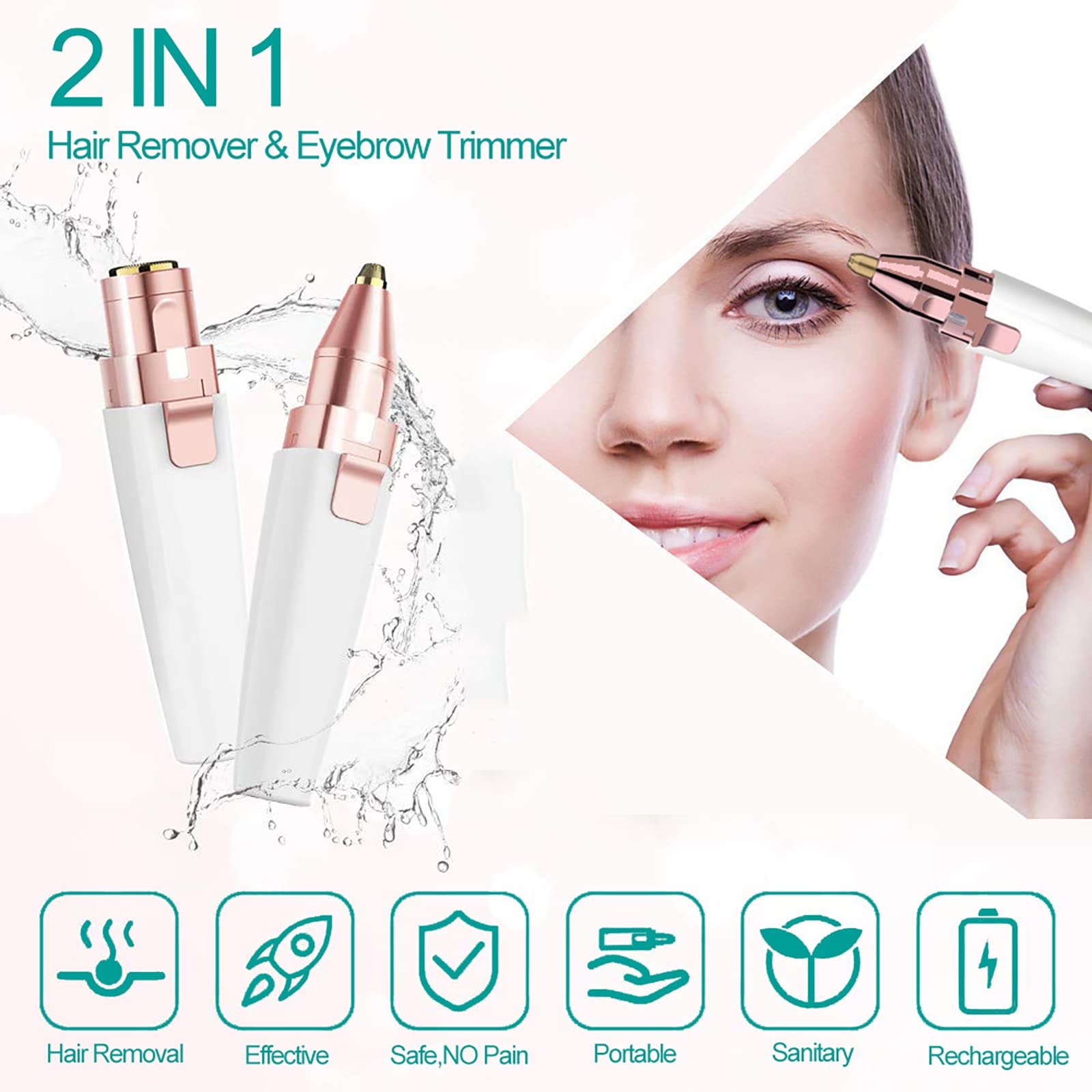 2-in-1 Rechargeable Waterproof Facial Hair Remover for Women - Painless Eyebrow Trimmer & Lady Shaver for Lips, Nose & Face | Perfect for Smooth Skin at Home, Travel & Salon Use