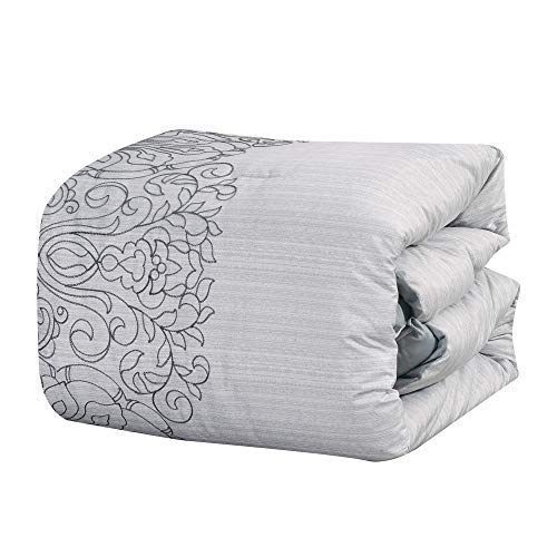 Luxury 8-Piece Linen Comforter Set Full/Queen - Modern Light Gray Damask Pattern with Shams, Cushions & Throw | Bed in a Bag | Soft & Breathable for All-Season Comfort | Perfect for Master Bedroom, Guest Room, or Airbnb Styling