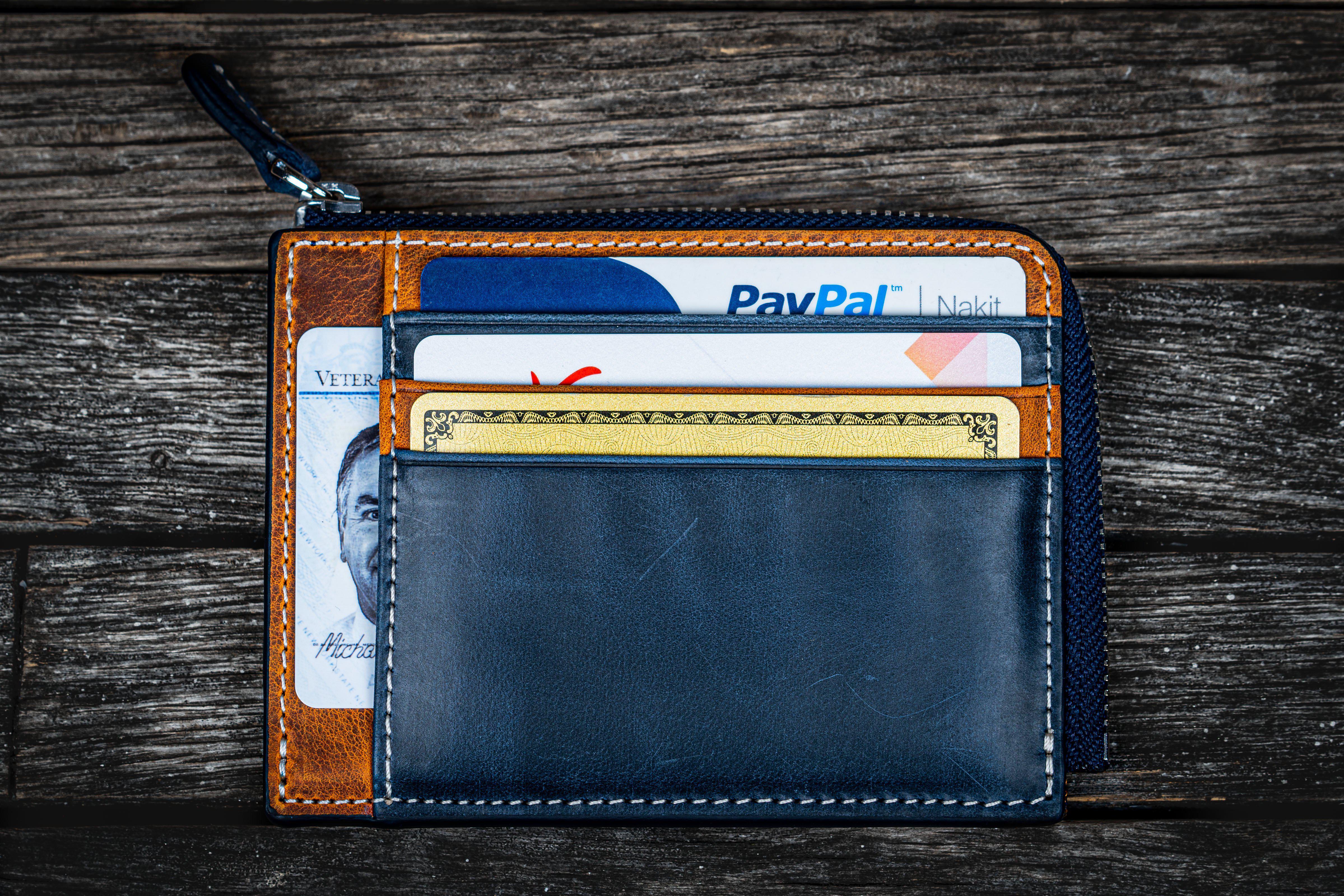 Premium Leather Zippered Mega Mini Wallet for Women & Men - CH Brown & Navy Blue with Multi-Color Silk Lining | Compact RFID Blocking Travel Wallet for Everyday Use & Business Trips