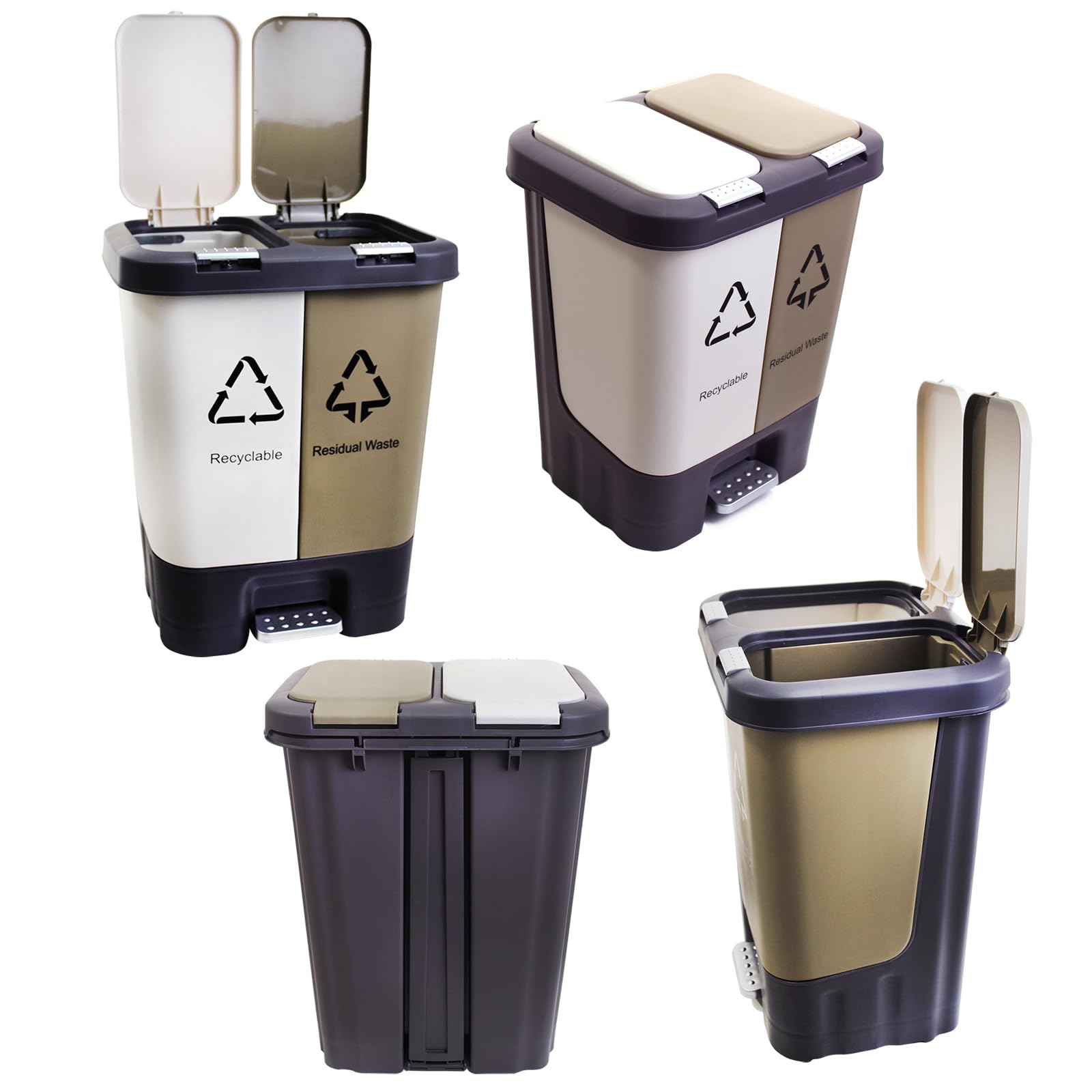 Winsterch 20L Dual Compartment Trash and Recycling Bin with Lid - 2 Section Plastic Waste Basket, Foot Pedal Operated Garbage Can for Kitchen, Bathroom, Bedroom & Home Office - Perfect for Waste Sorting and Space Saving Organization