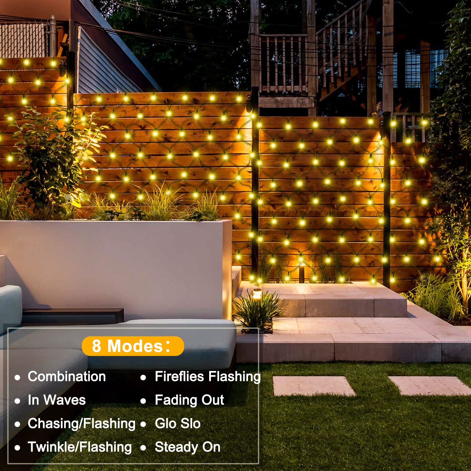 DBFAIRY 100 LED Solar Net Lights Outdoor - 4.9ft x 4.9ft Solar Powered Mesh Lights with Dark Green Cable, Auto On/Off & 8 Lighting Modes - Perfect for Backdrop, Tree Wrapping, Camping Decoration (Warm White)