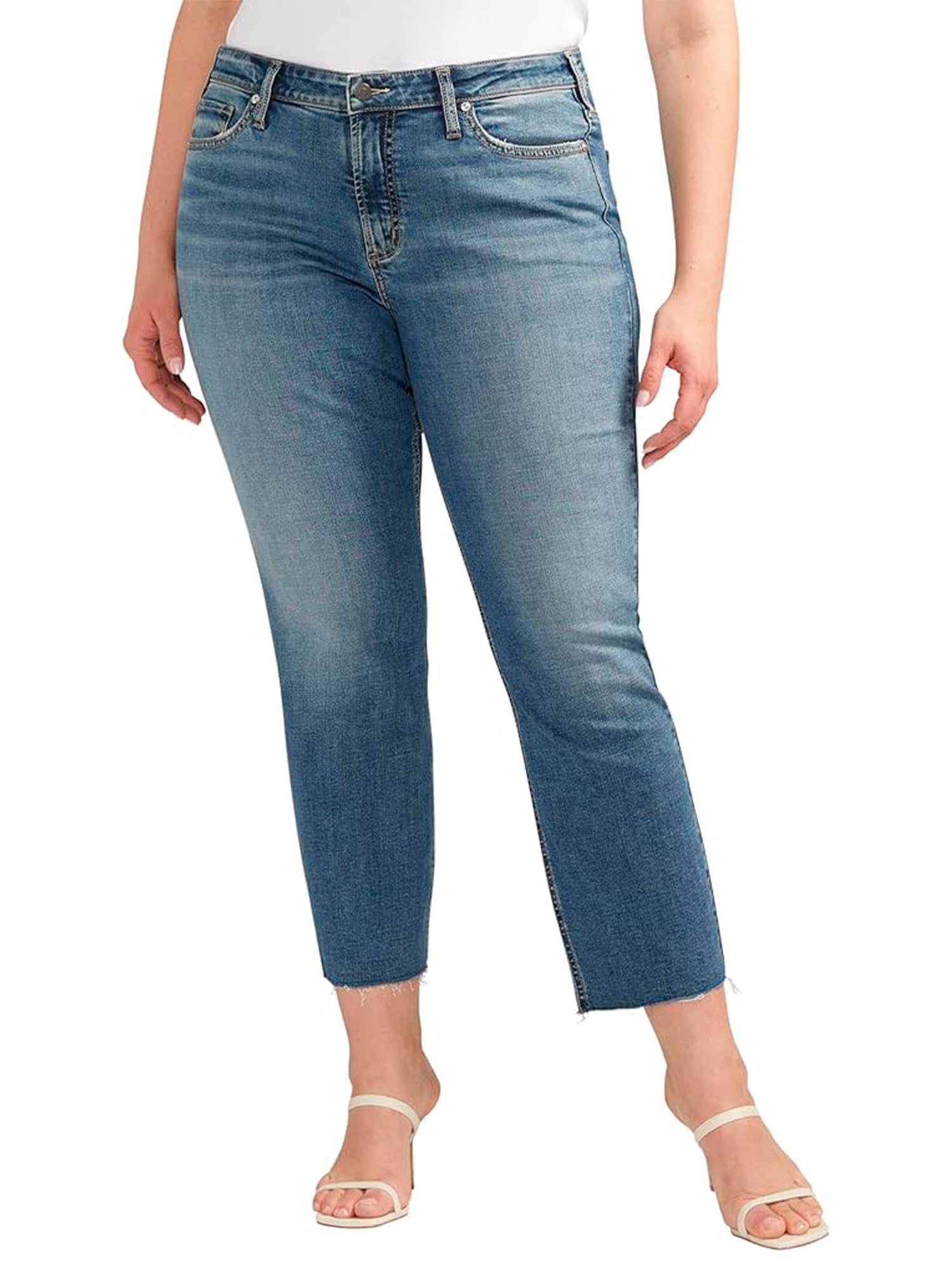 Silver Jeans Co. Women's Plus Size Most Wanted Mid Rise Straight Leg Jeans - Comfortable Stretch Denim Pants for Casual Wear & Everyday Outfits