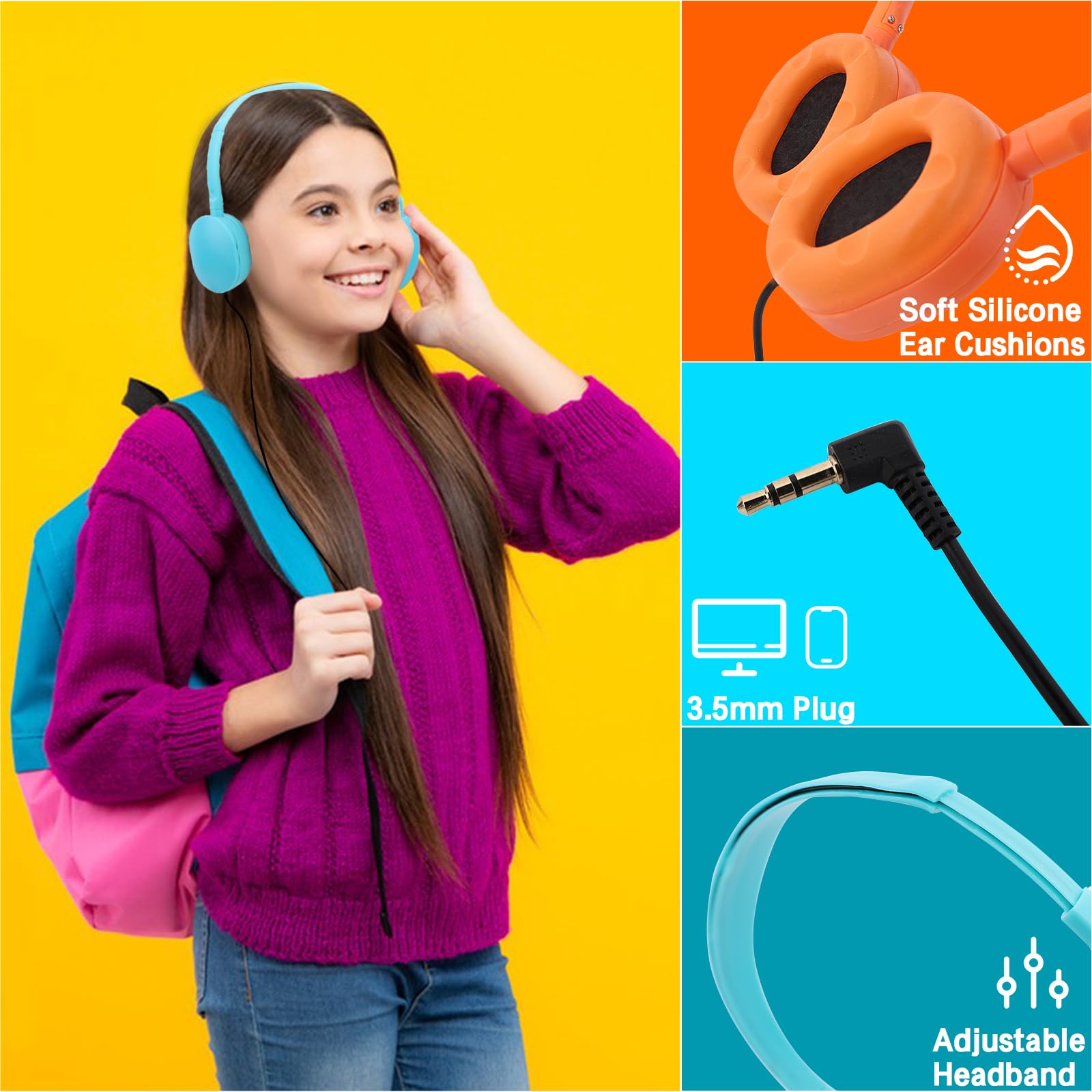 **15 Pack Bulk Wired Headphones for Kids - Adjustable School Headphones with 3.5mm Jack for Classroom, Library & Museum Use - Mixed Colors (Wholesale)**    **Usage Scenarios:** Perfect for school classrooms, online learning, libraries, museums, and educational institutions.