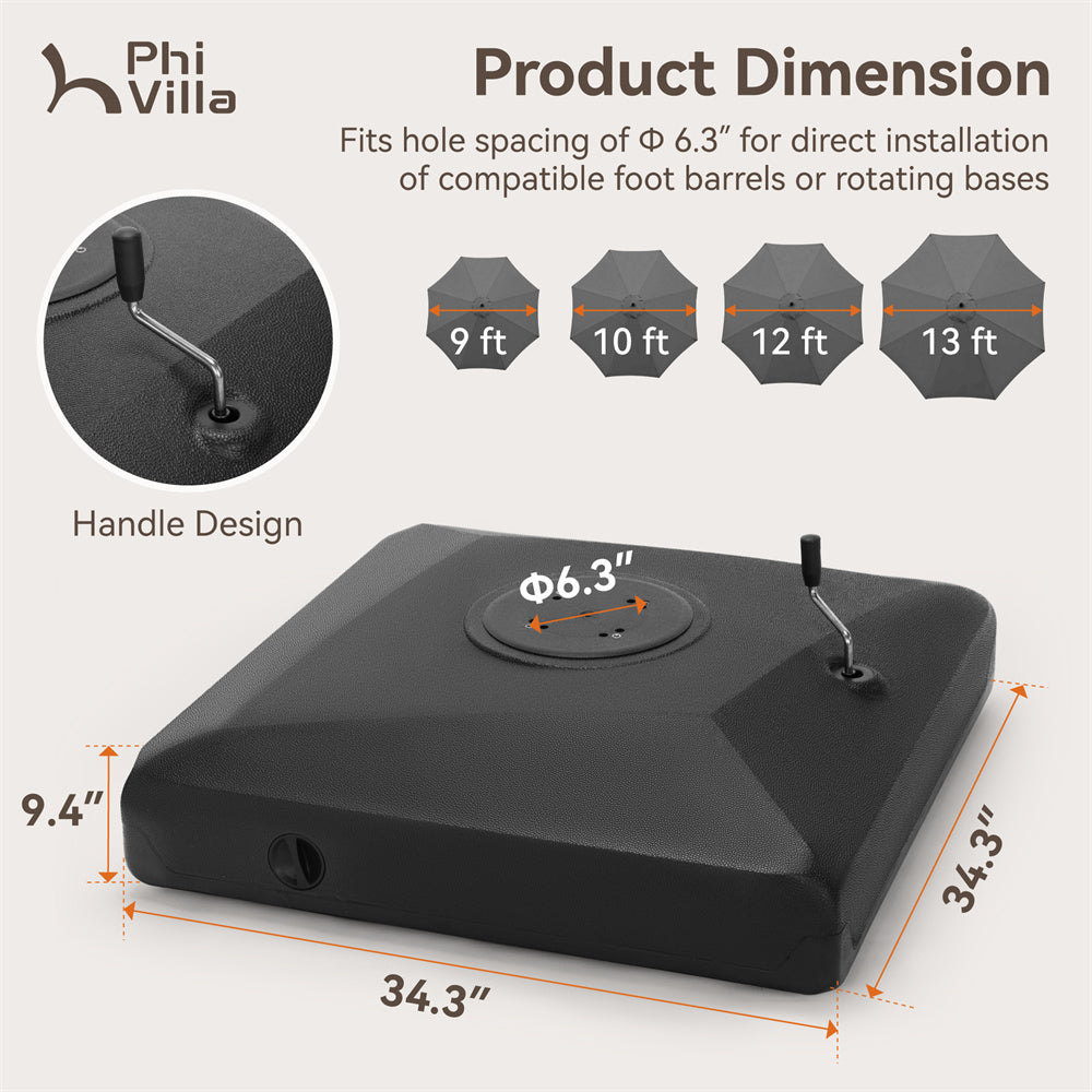 Heavy Duty Cantilever Patio Umbrella Base with Square Design, Handle & Wheels - PHI VILLA Outdoor Umbrella Stand for Garden, Poolside & Backyard Use
