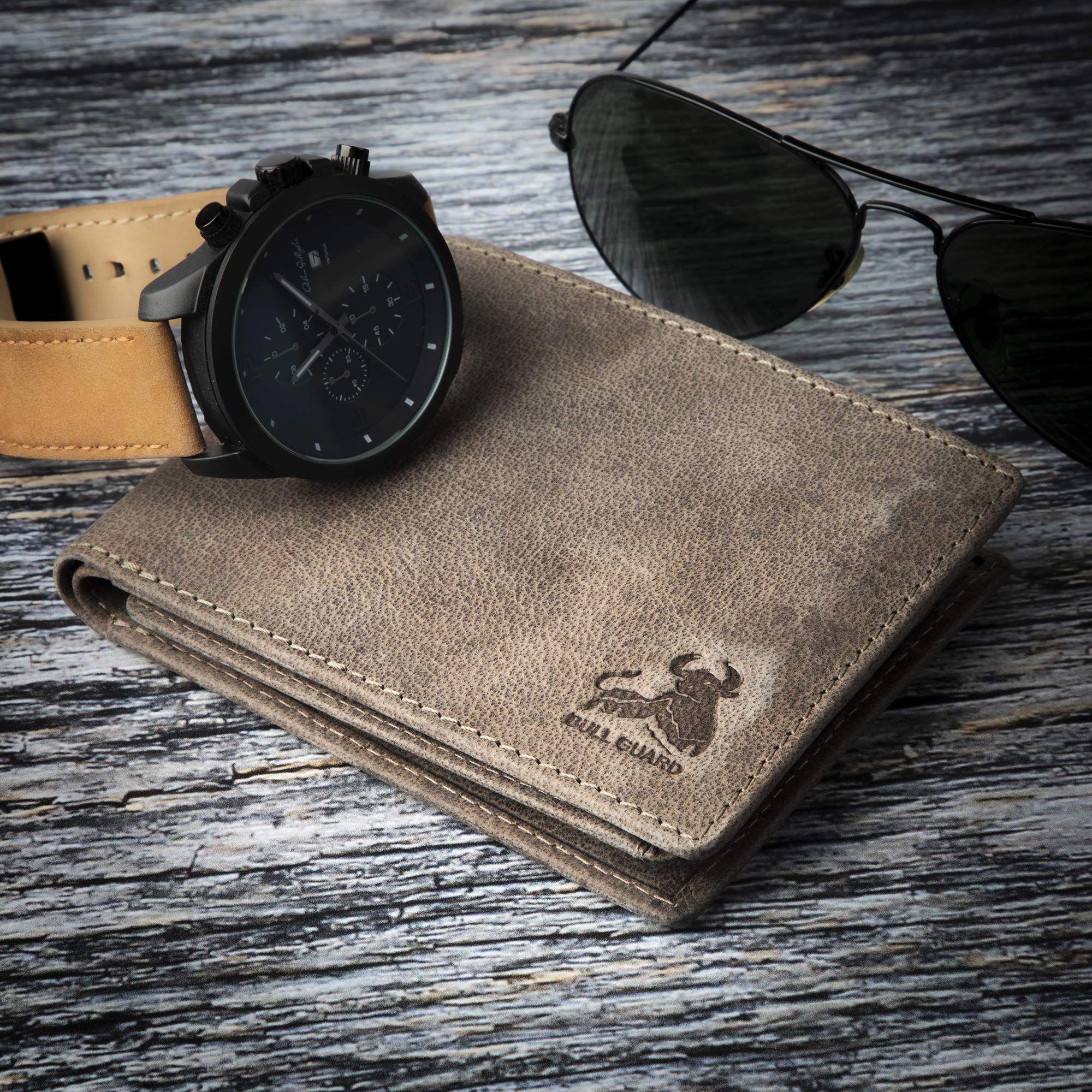 Premium BULL GUARD RFID Blocking Men's Leather Wallet - Slim Bifold Design with 2 ID Windows & 12 Card Slots - Genuine Full Grain Leather - Ideal for Travel, Business & Everyday Use