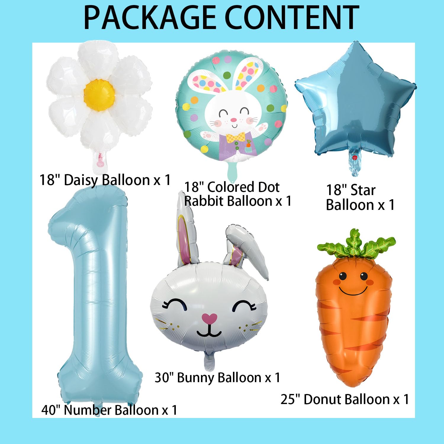 1st Birthday Bunny Balloons Set - 6Pcs Blue Rabbit Head, Carrot & Daisy Balloons for Girls Baby Shower Decorations, Birthday Party Supplies - Perfect for 1st Birthday Parties, Baby Showers & Spring Celebrations