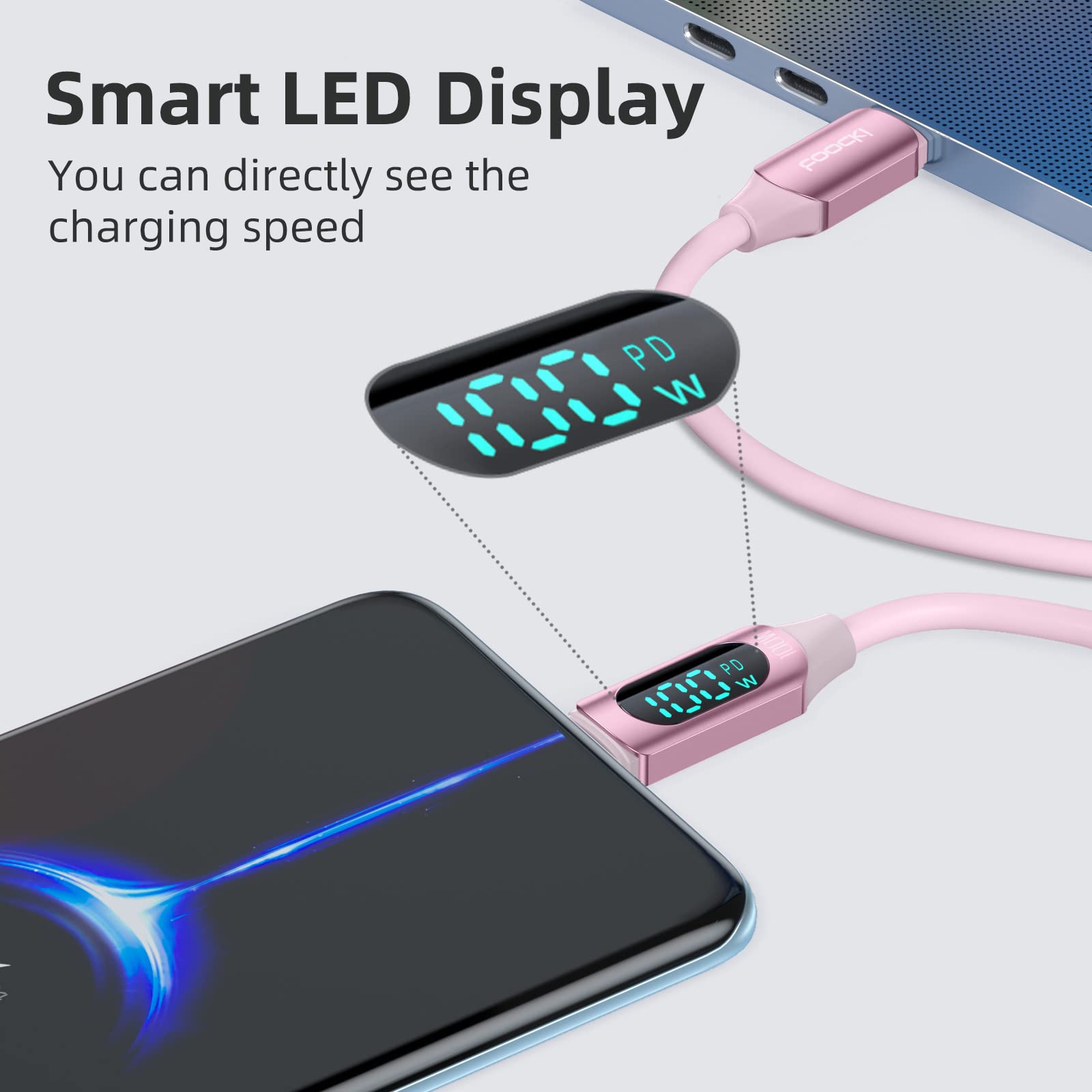6.6FT 100W USB C to USB C Fast Charging Cable - 5A USB 2.0 Type C Charger with LED Display - Compatible with iPhone 15/15 Plus/15 Pro/15 Pro Max - Durable Silicone Cable for Home, Office & Travel Charging