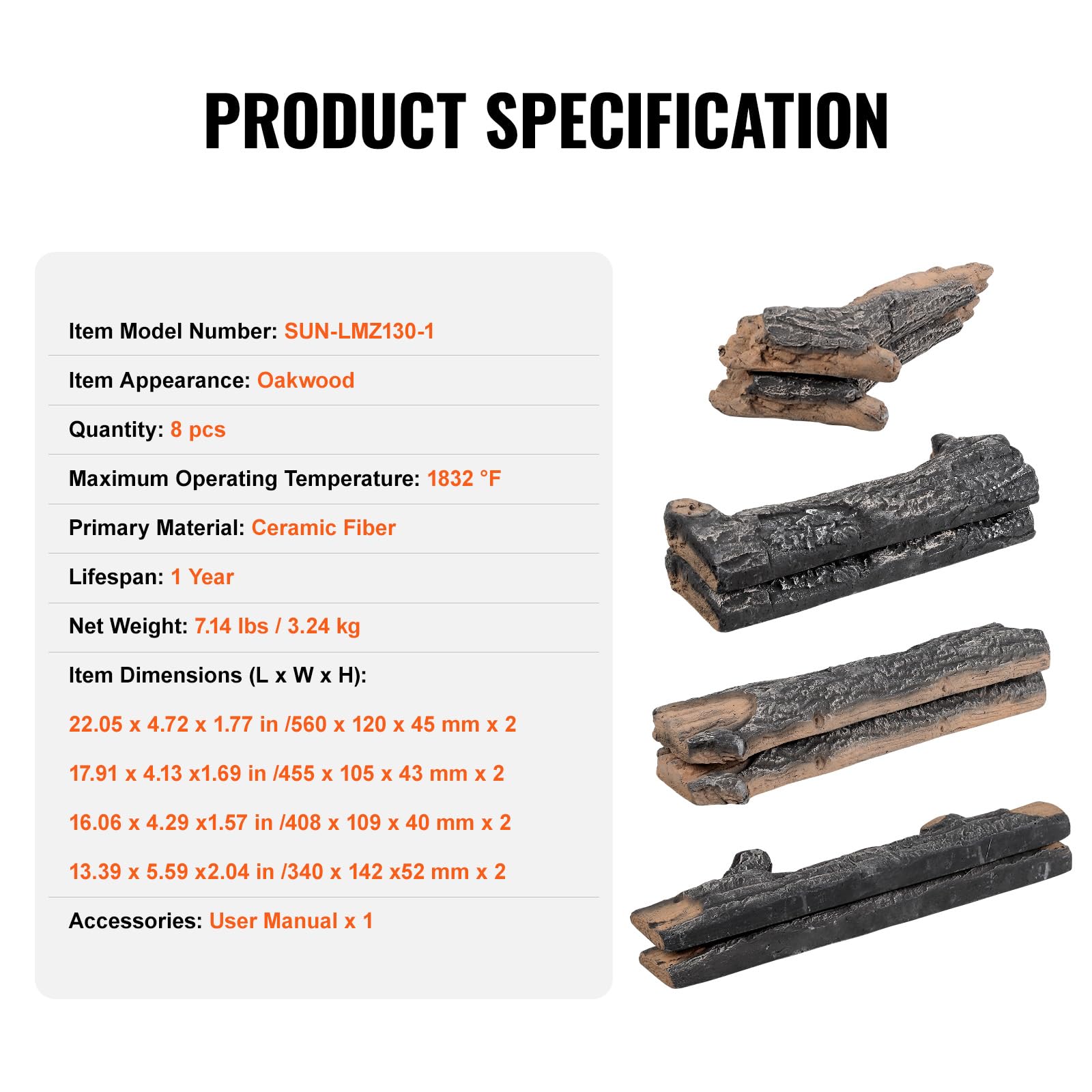 VEVOR 8-Piece Realistic Oak Gas Fireplace Logs Set - Heat-Resistant Ceramic Wood Logs for Indoor & Outdoor Fire Pits, Fire Bowls, and Fireplaces - Stackable Natural-Looking Wooden Branches for Cozy Ambiance