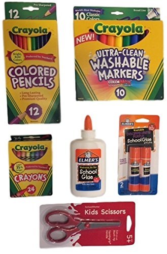 24 Crayons, 12 Colored Pencils, 10 Washable Markers, School Glue & 2 Glue Sticks, 5-inch Scissors - Complete School Supply Kit for Kids Classroom, Art Projects & Homework