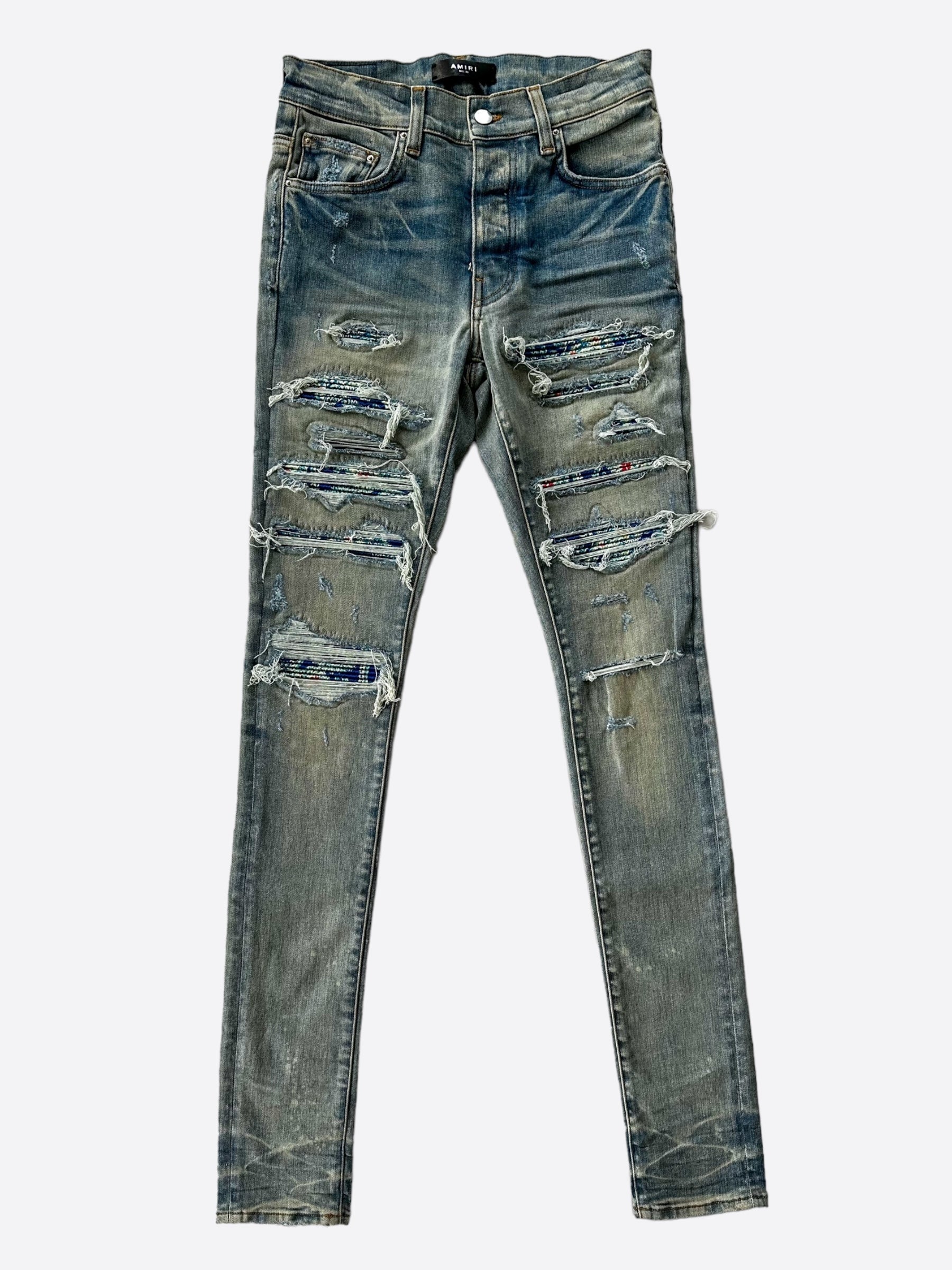 Amiri Blue Pajama Patch Thrasher Jeans for Men - Distressed Denim Pants with Unique Design | Perfect for Streetwear, Casual Outfits & Night Out